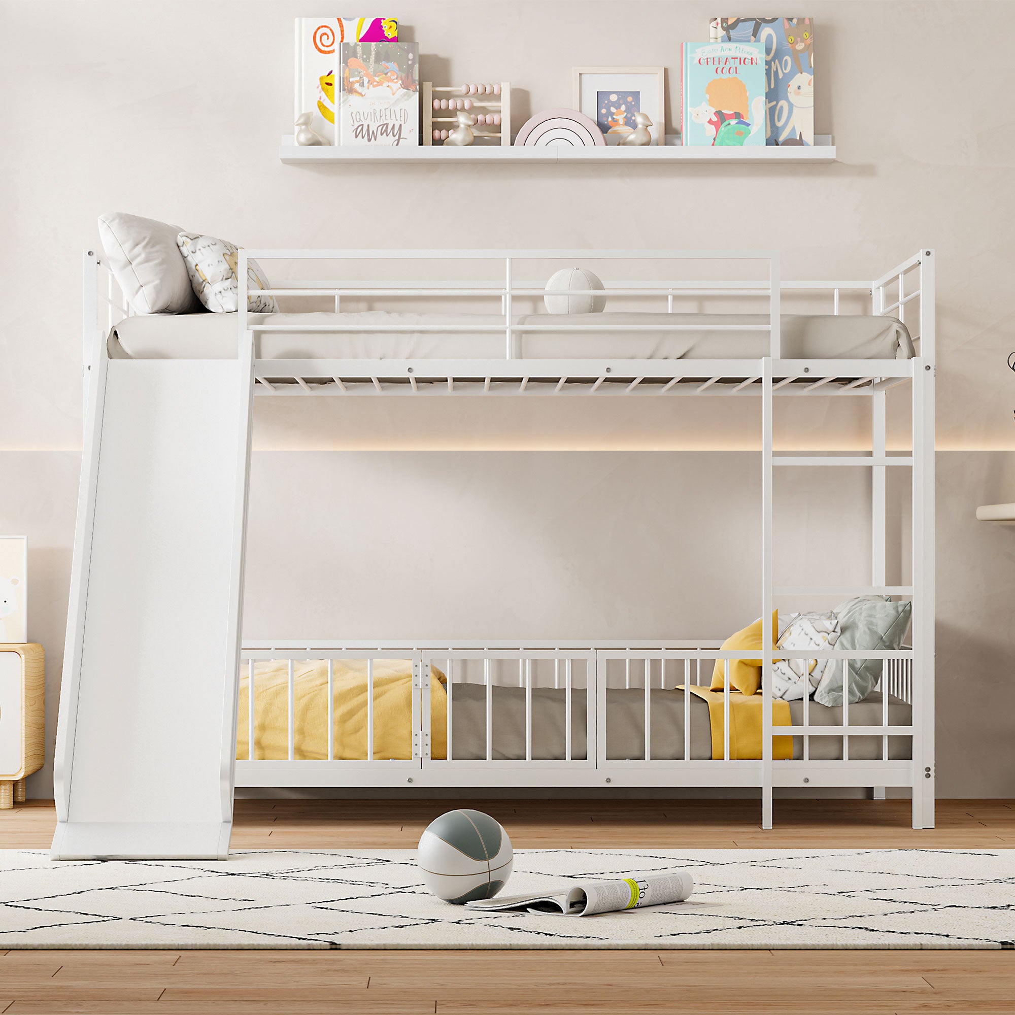 Twin over Twin Size Metal Bunk Bed with Slide and Guardrails, White