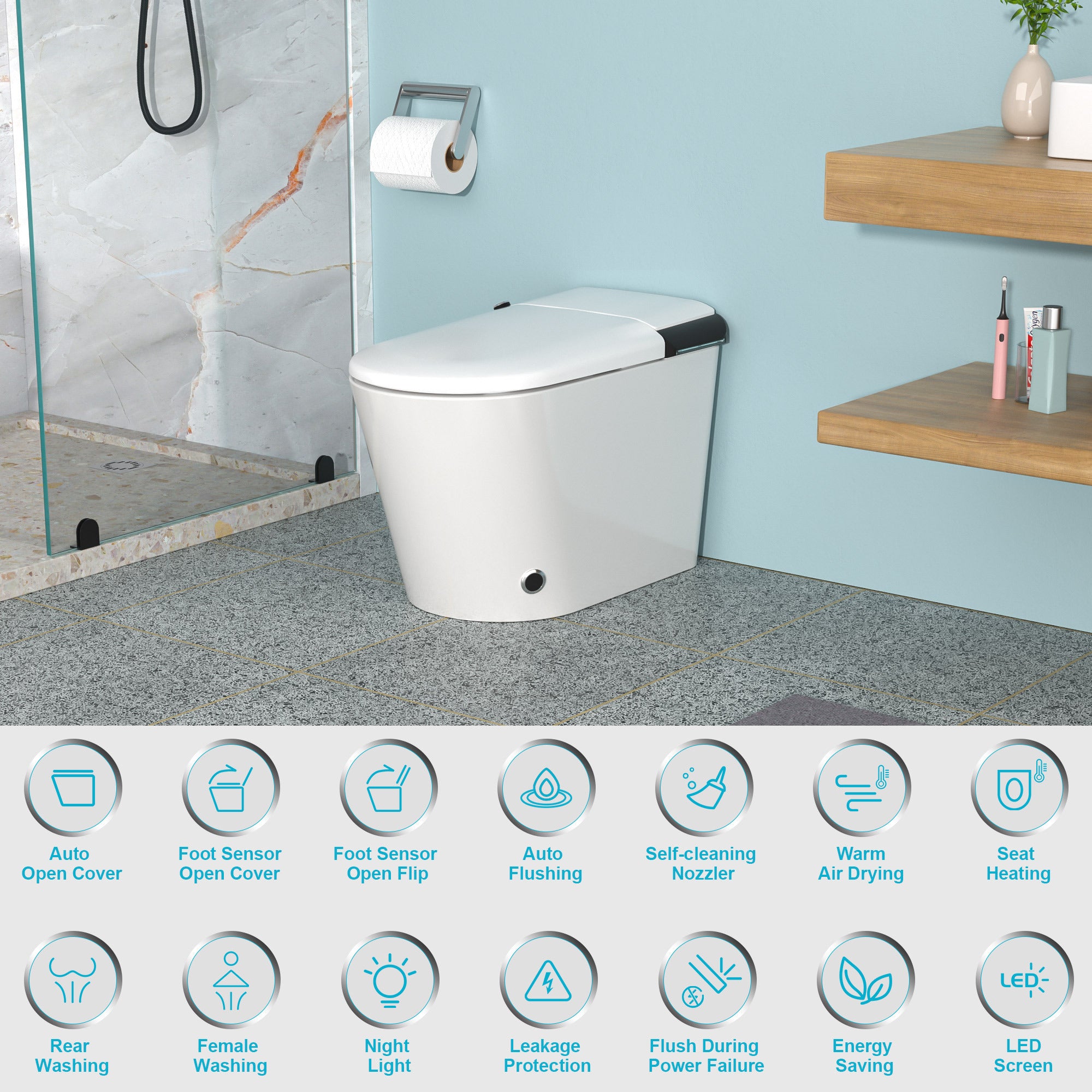 Smart Toilet with Bidet Built in, Auto Open & Close, Elongated Heated seat, Foot Sensor Flush, LED Display, Warm Water Wash, Dryer, Night Light