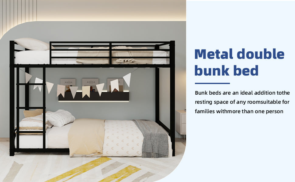 Twin over twin black metal bunk bed, side view with ladder