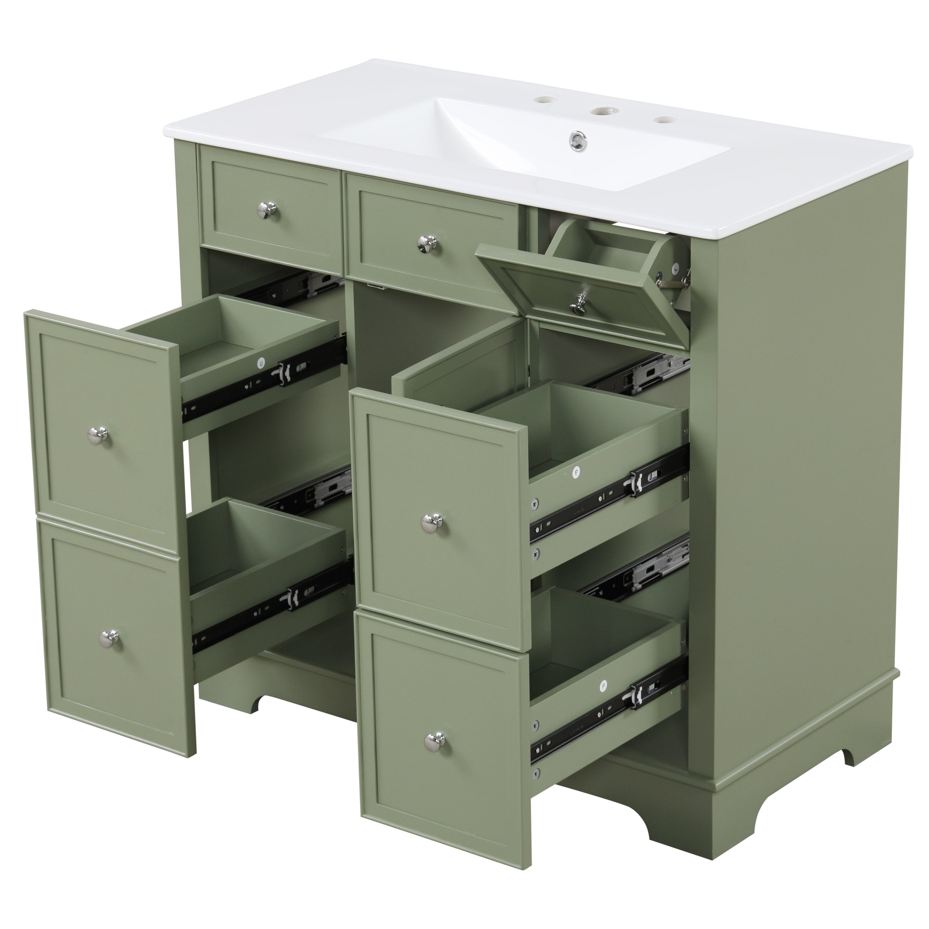 36" Bathroom Vanity with Sink, One Cabinet with Three drawers and One Flip Drawer, Solid Wood and MDF Board, Green