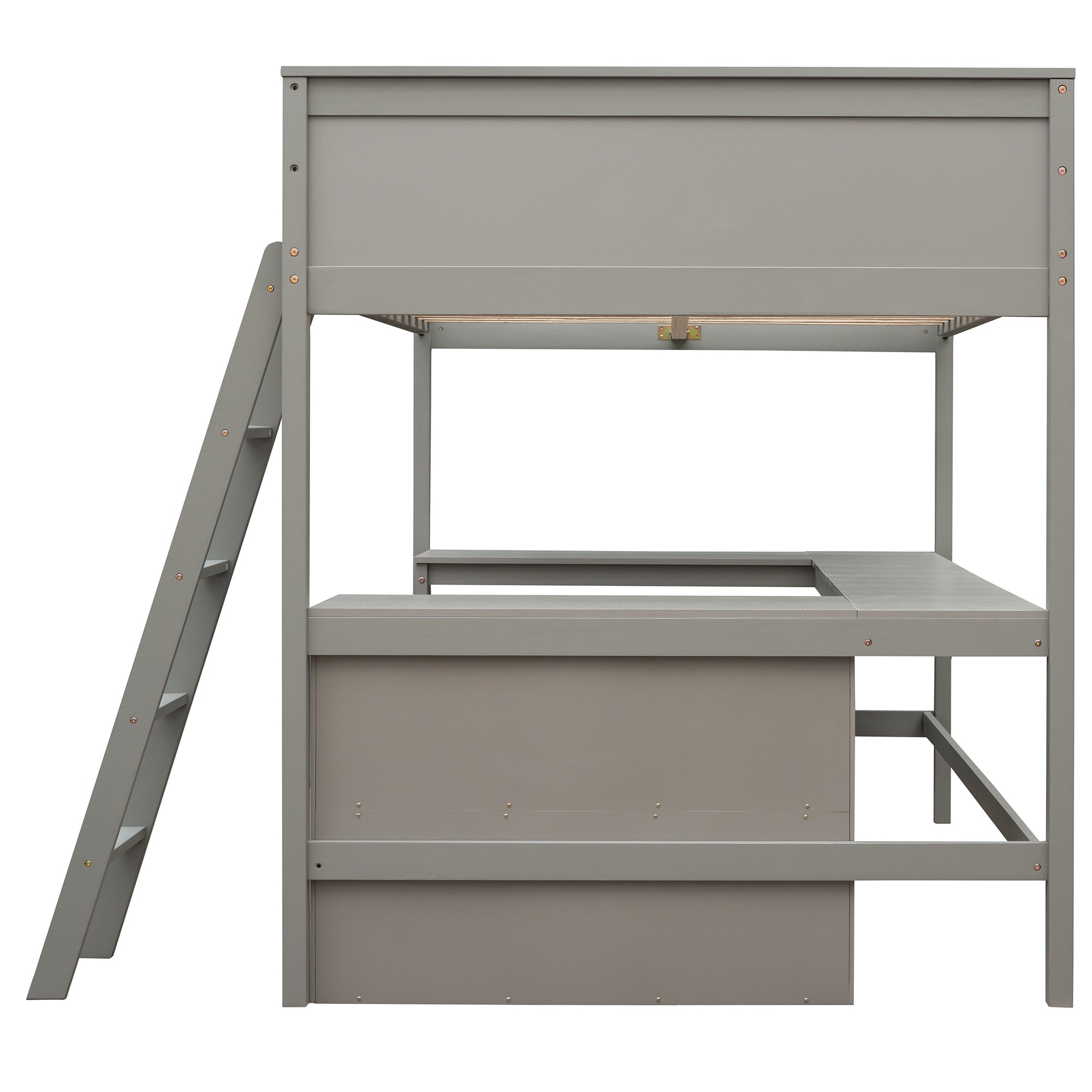 Full size Loft Bed with Shelves and Desk, Wooden Loft Bed with Desk - Gray