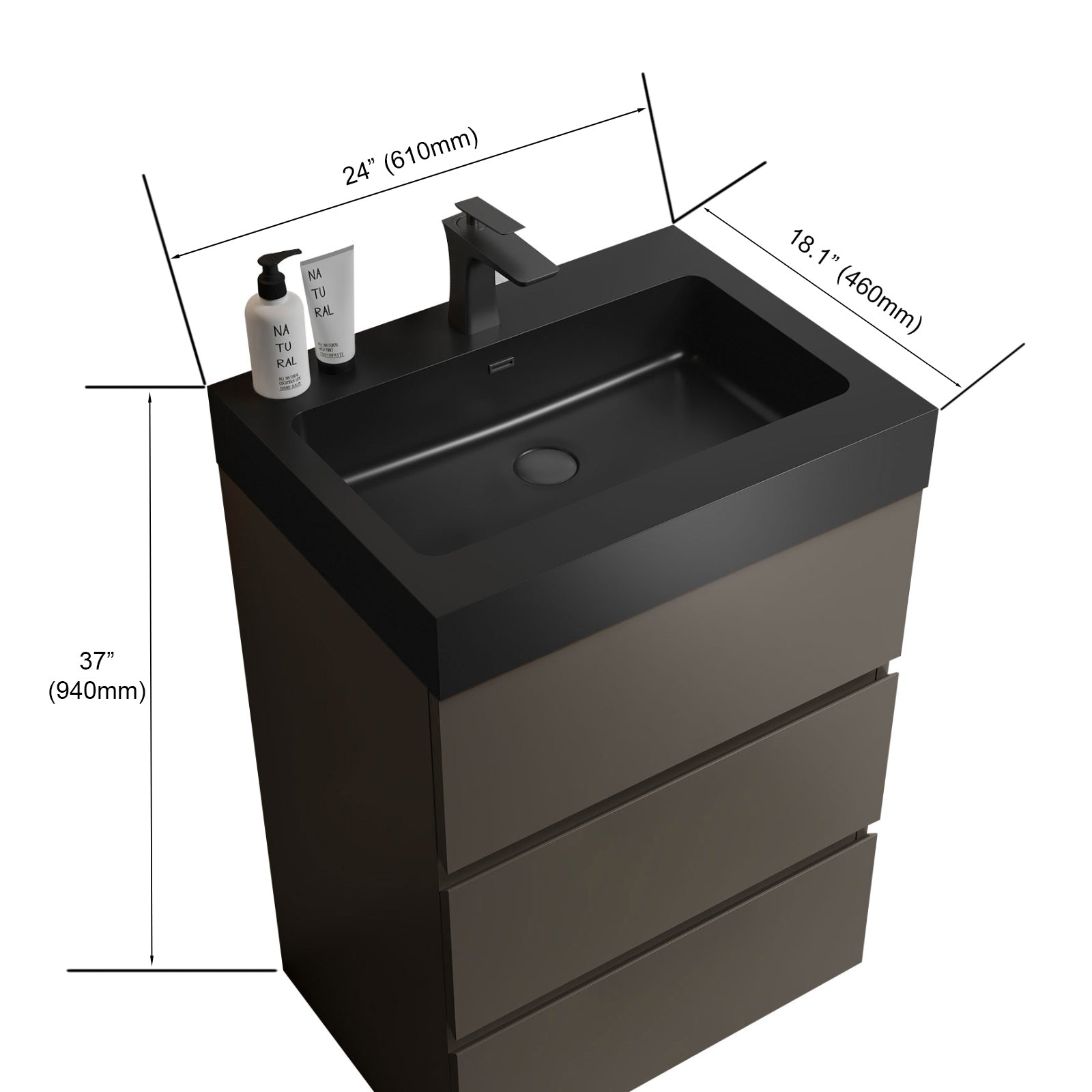 Alice 24" Gray Bathroom Vanity with Sink, Large Storage Freestanding Bathroom Vanity for Modern Bathroom, One-Piece Black Sink Basin without Drain and Faucet, Pre-assembled