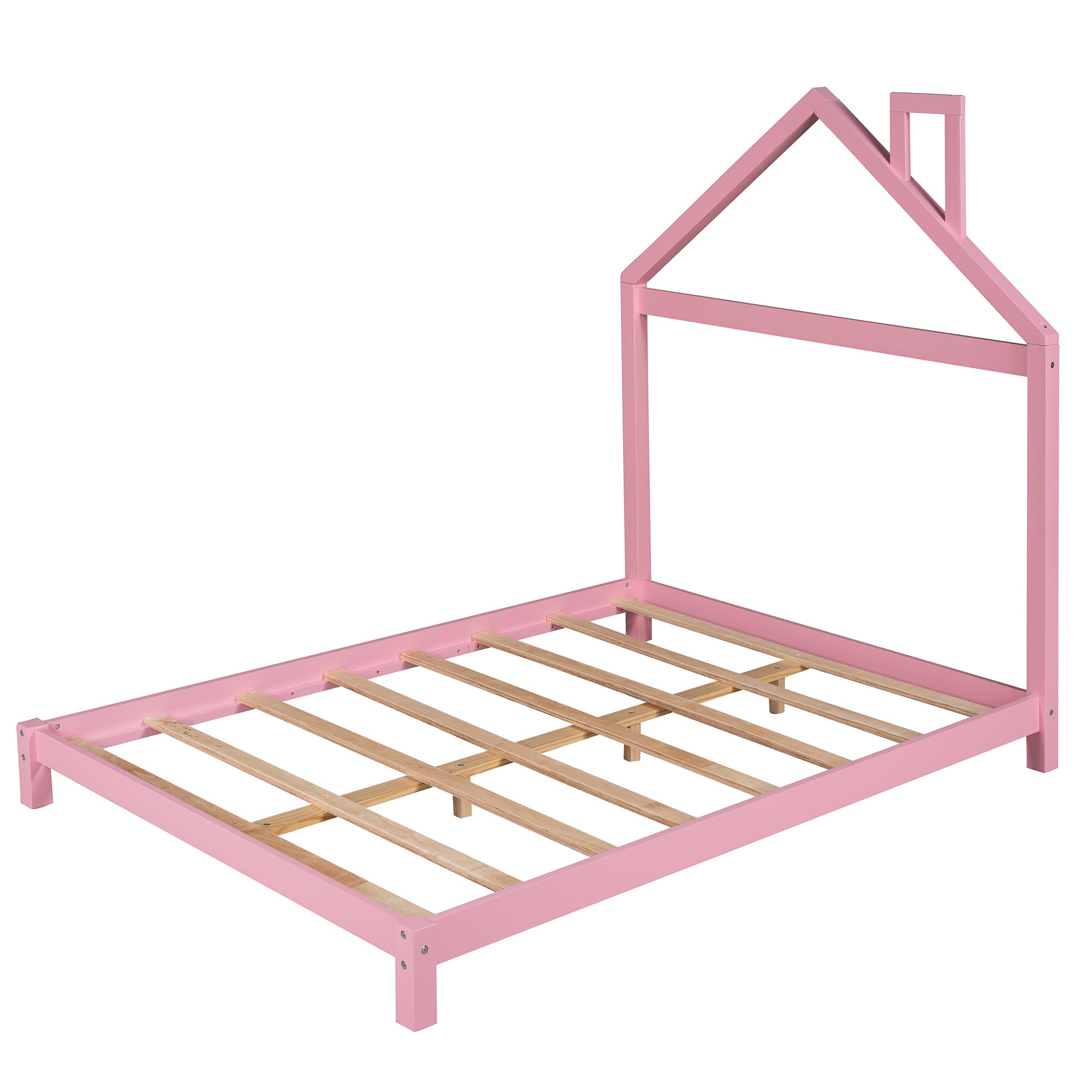 Full Size Wood Platform Bed with House-shaped Headboard  (Pink)