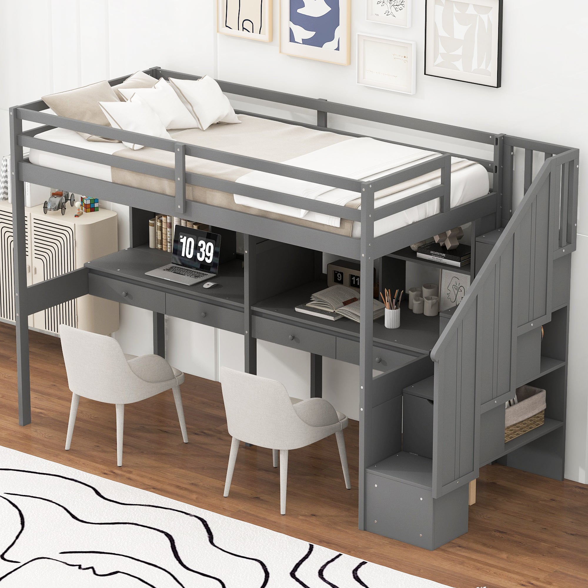 Twin Size Loft Bed Frame with Storage Staircase and Double Desks and Shelves,Gray