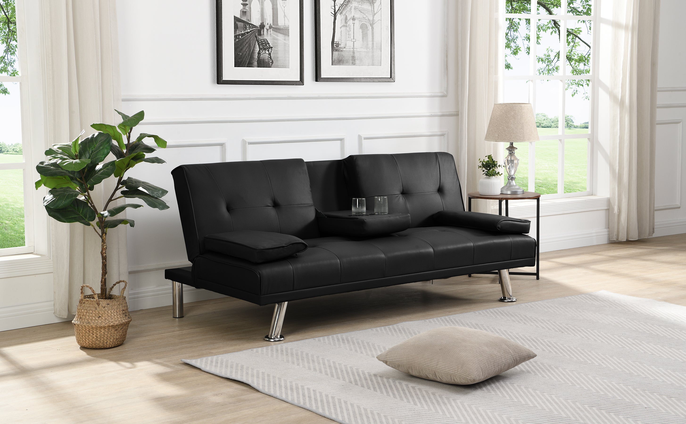 Sofa Bed with Armrest two holders WOOD FRAME, STAINLESS LEG, FUTON BLACK PVC