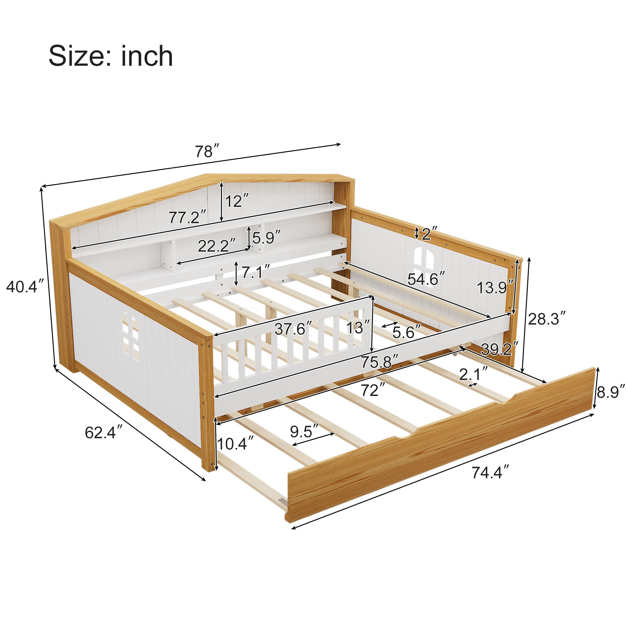 Full Size House Shape Daybed with Trundle and Bookcase Headboard  Wooden  Bed for Girls Boys Teens, No Box Spring Needed, Walnut and White