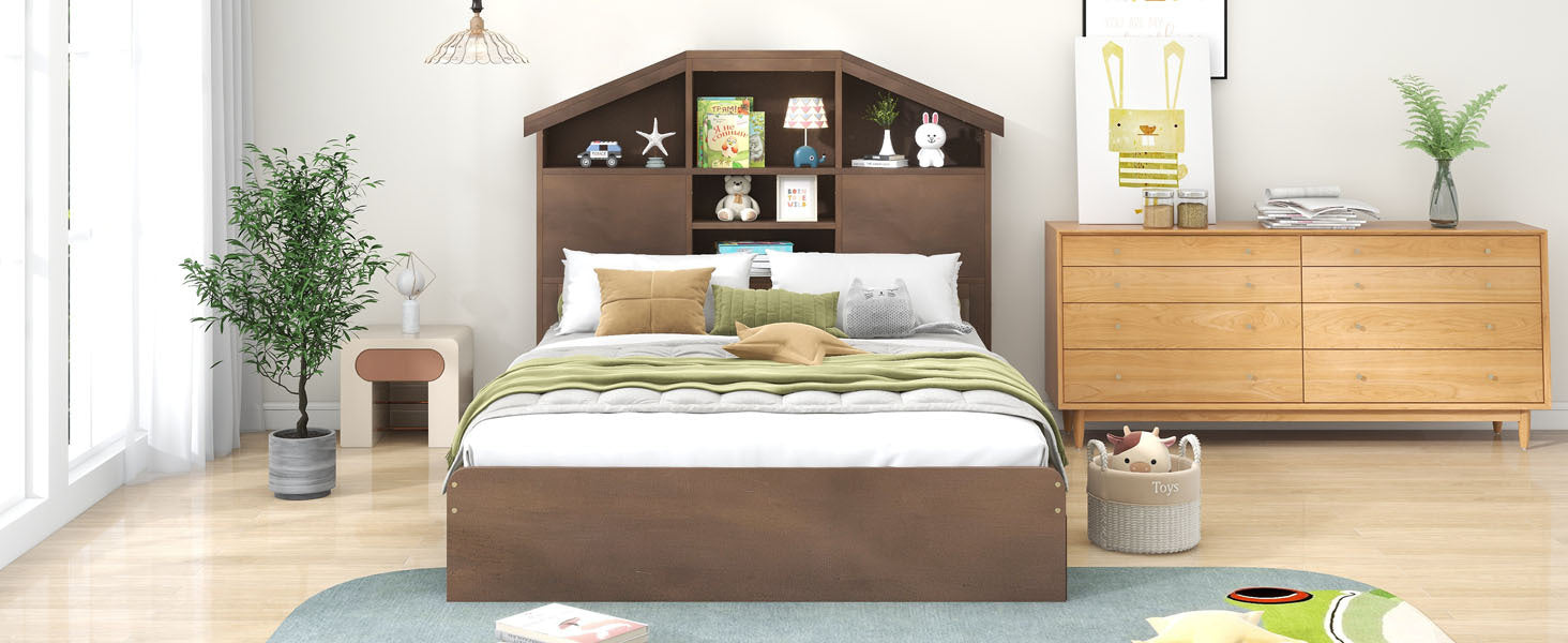 Full Size Wood Platform Bed with House-shaped Storage Headboard and 2 Drawers, Walnut