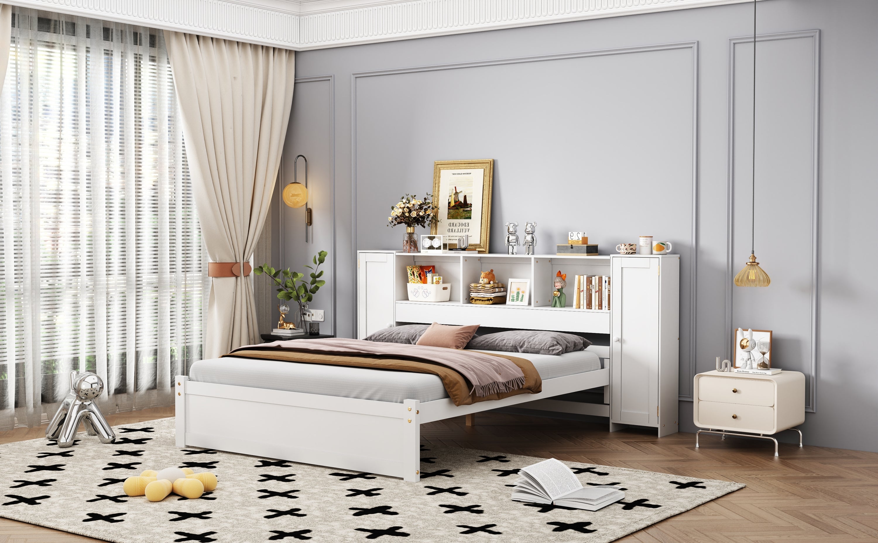 Full Size Platform Bed with Storage Headboard and Lockers, White