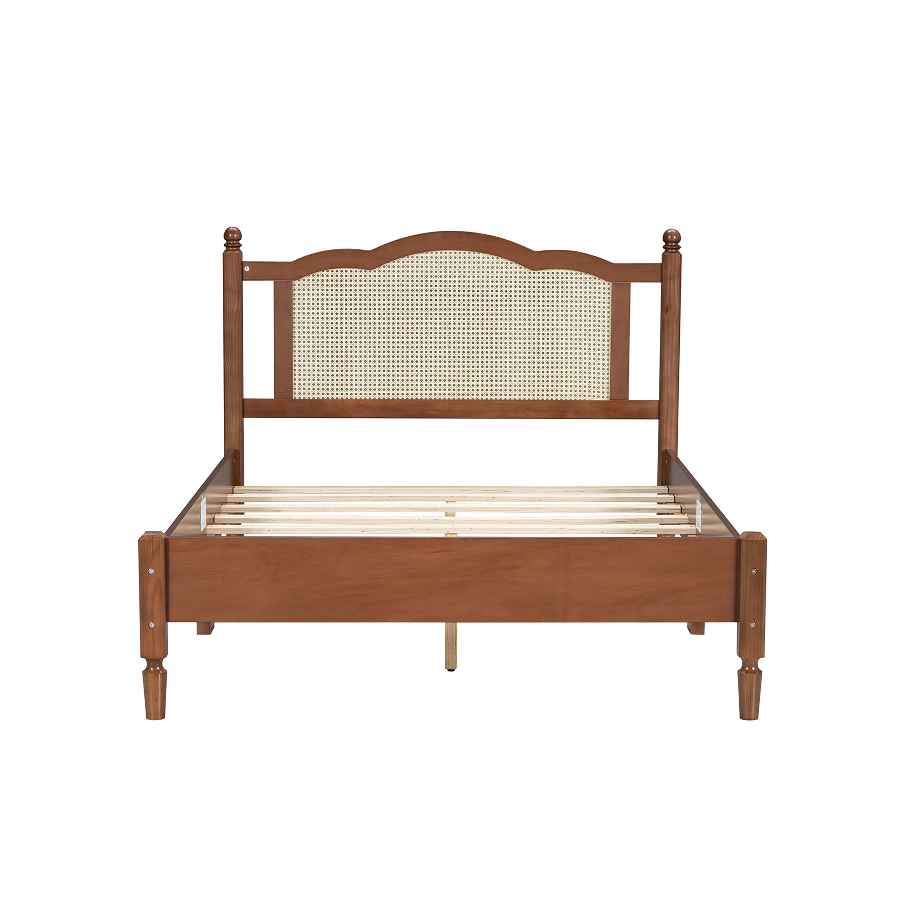 Full Size Wooden Platform Bed with Natural Rattan Headboard, Vintage Bed Frame with Wooden Slat Support, Walnut