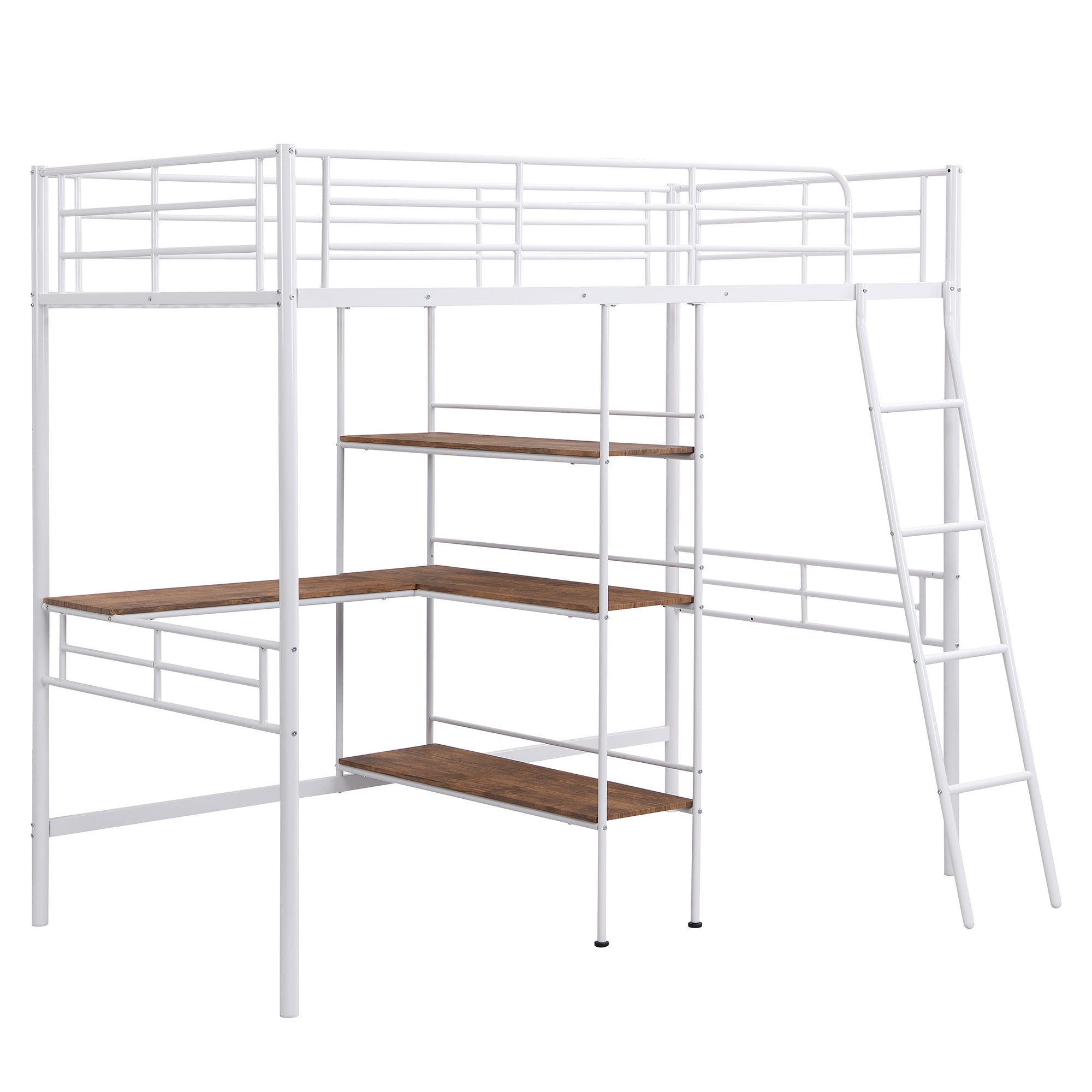 Twin Size Metal Loft Bed and Built-in Desk and Shelves,White(OLD SKU:WF280270AAK)