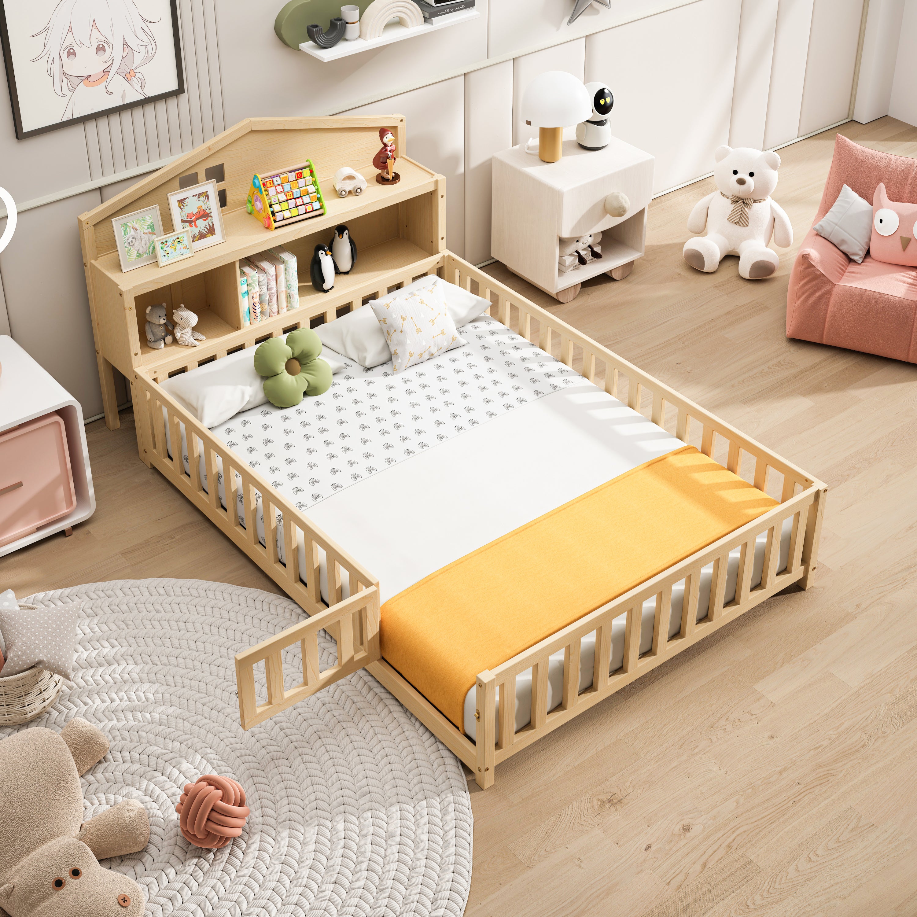 Full-size Montessori Floor Bed with Bookcases and Blackboards, Versatile Platform Beds with Guard rails, Solid Wood Floor Beds with Storage Headboards, Floor Beds for Kids and Teens  Natural