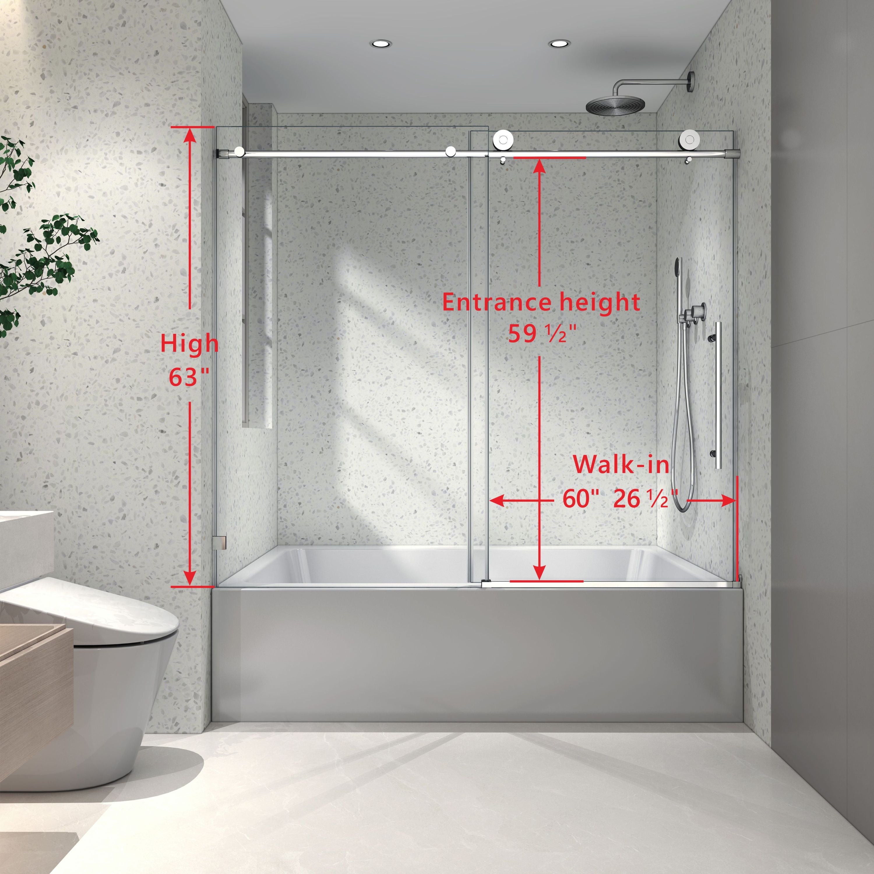 60"W x 63"H Chrome frameless one fixed and one shifted Shower Door, 70MM 304 stainless steel large pulleys with adjustable soft closing function,with nano easy cleaning and stick explosion-proof menbrance