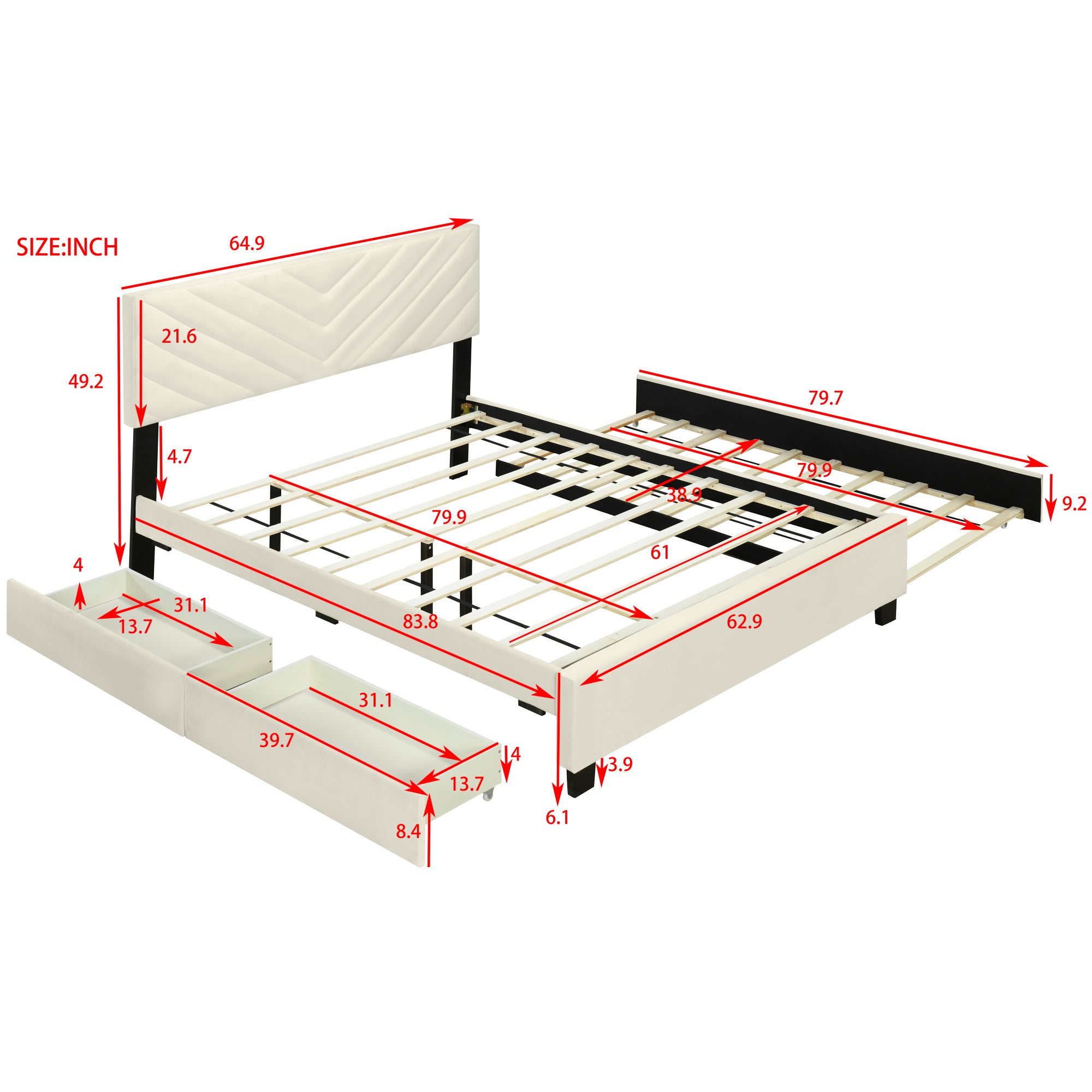 Queen Size Upholstered Platform Bed with Twill Headboard, Pullout Bed and Two Drawers, Flannel, Beige