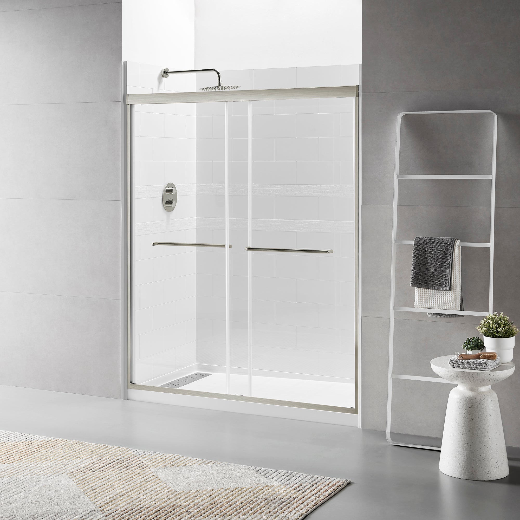 56"-60"W x 70"H Framed Shower Door, Bathroom Double Sliding Shower Door, 1/4" (6mm) Clear Tempered Glass, Bypass Glass Door, Brushed Titanium Finish