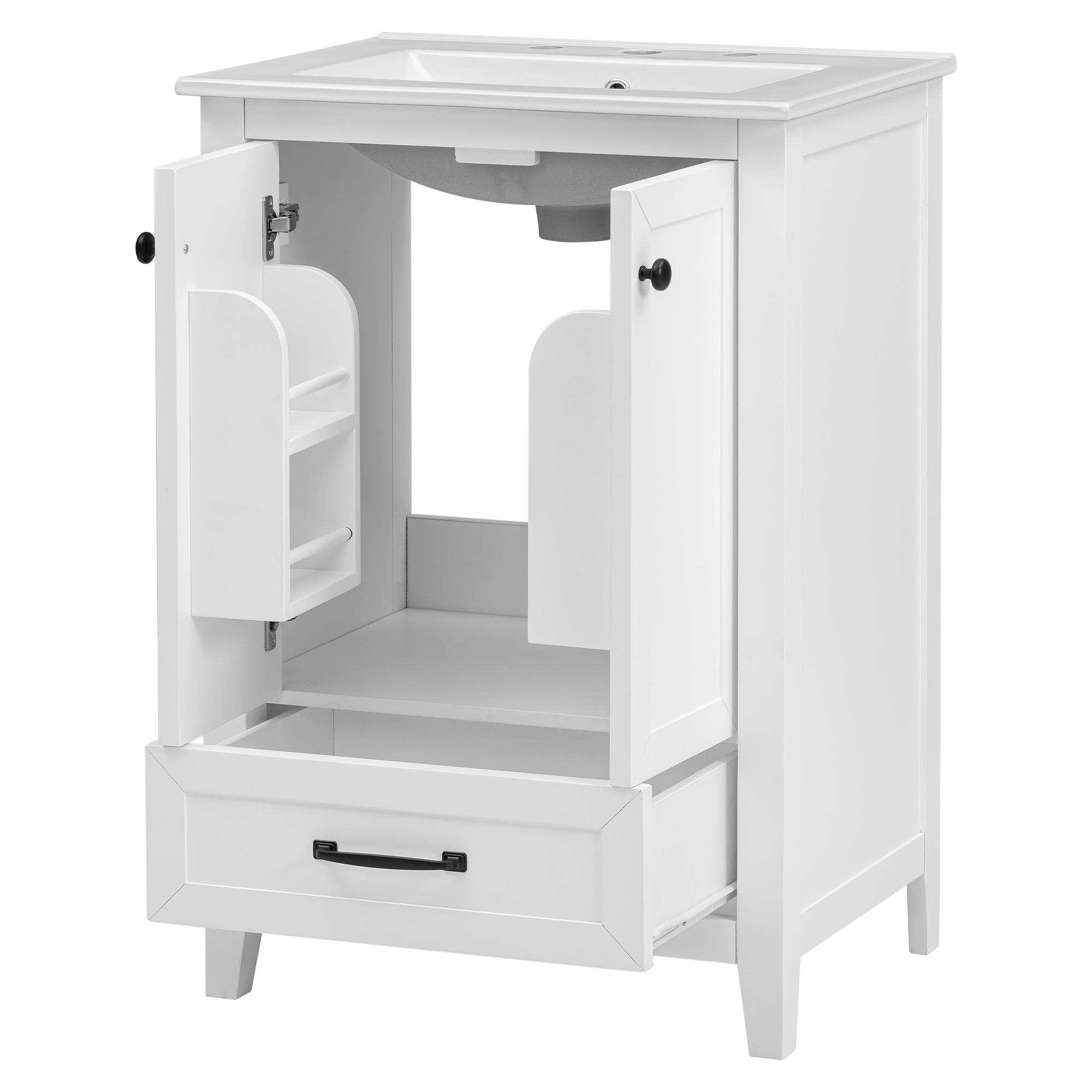 24" Bathroom Vanity with Sink, Bathroom Vanity Cabinet with One Drawer and Doors, Solid Wood and MDF, White