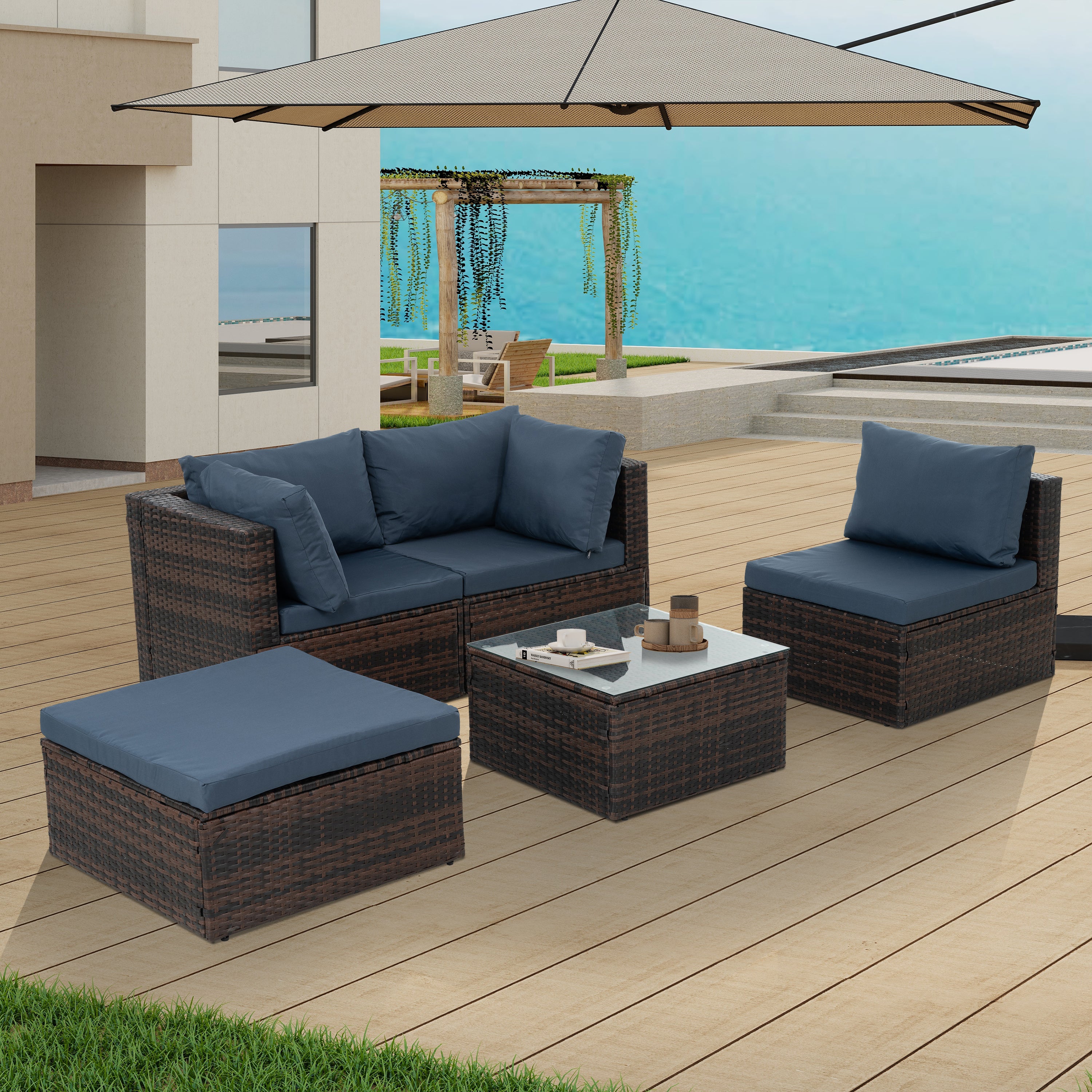 Patio Furniture, Outdoor Furniture, Seasonal PE Wicker Furniture, 5 Set Wicker Furniture With Tempered Glass Coffee Table,