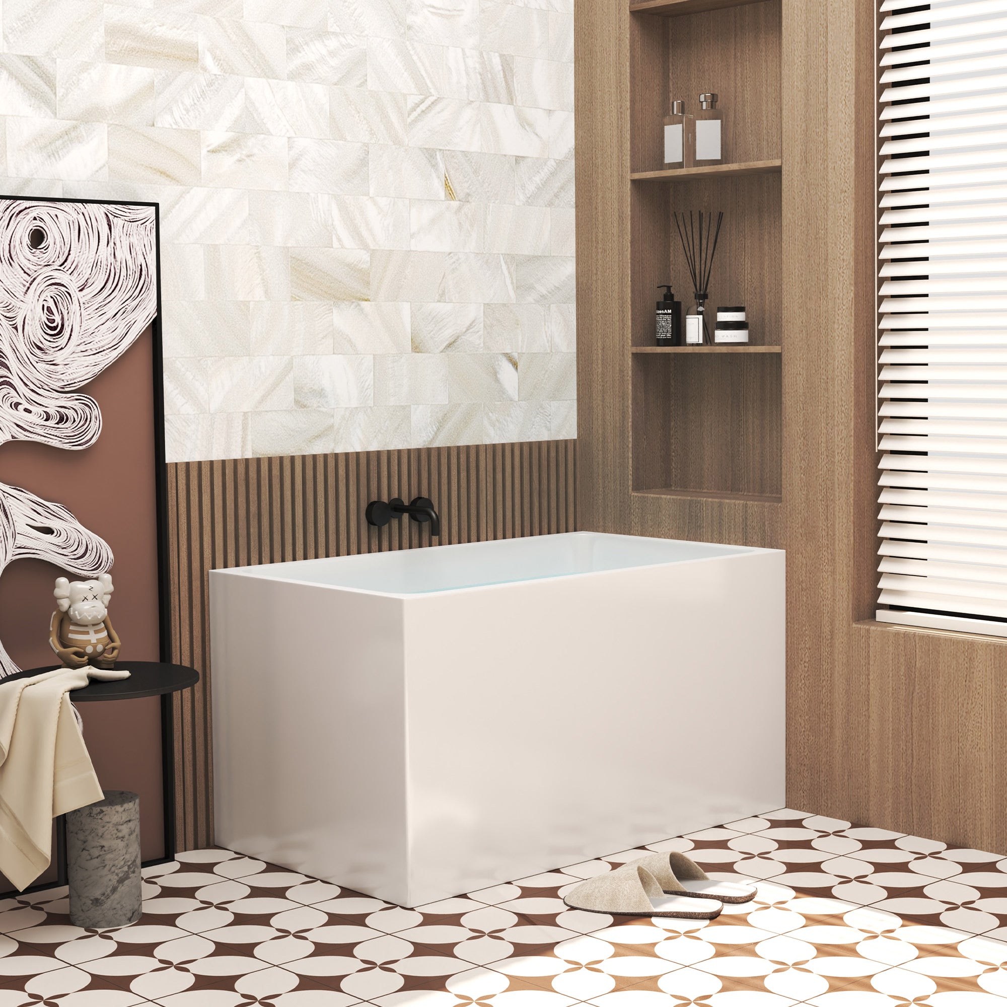 Gloss white freestanding bathtub with chrome overflow, interior view