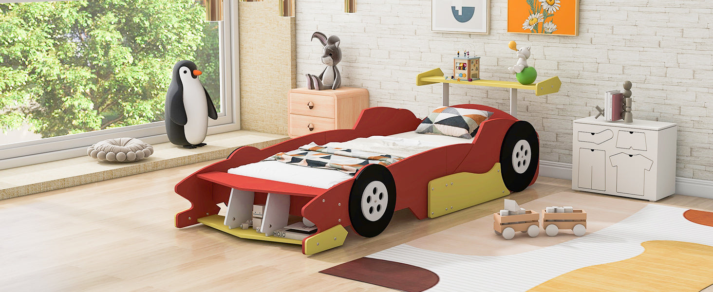 Twin Size Race Car-Shaped Platform Bed with Wheels,Red