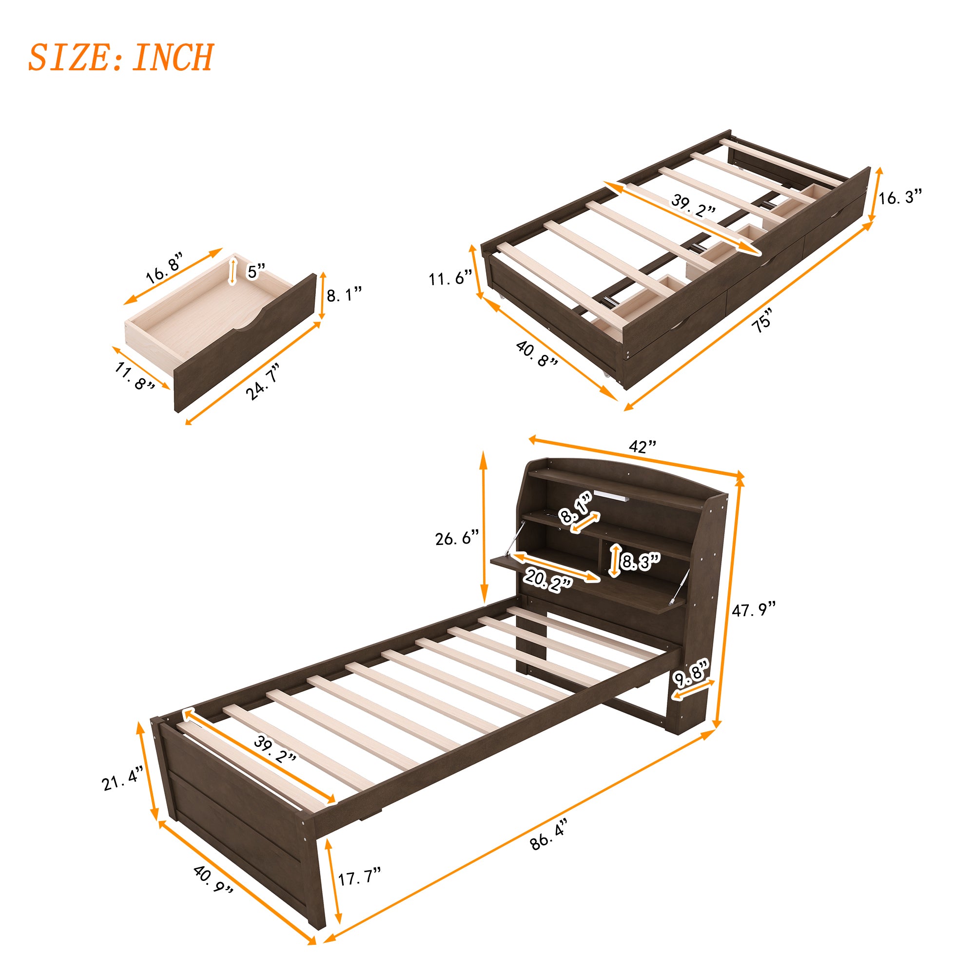 Twin Size Wooden LED Platform Bed with Trundle, with Storage Headboard, with Drawers, Brown