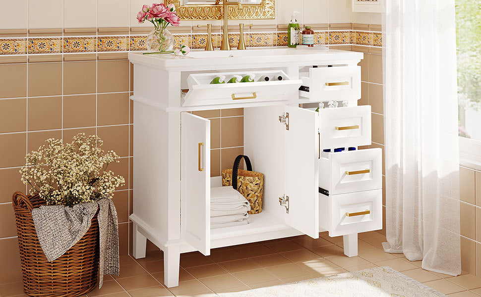 36-inch Bathroom Vanity with Resin Sink, Modern Bathroom Cabinet in White,Featuring Two Soft Close Doors and Four Drawers