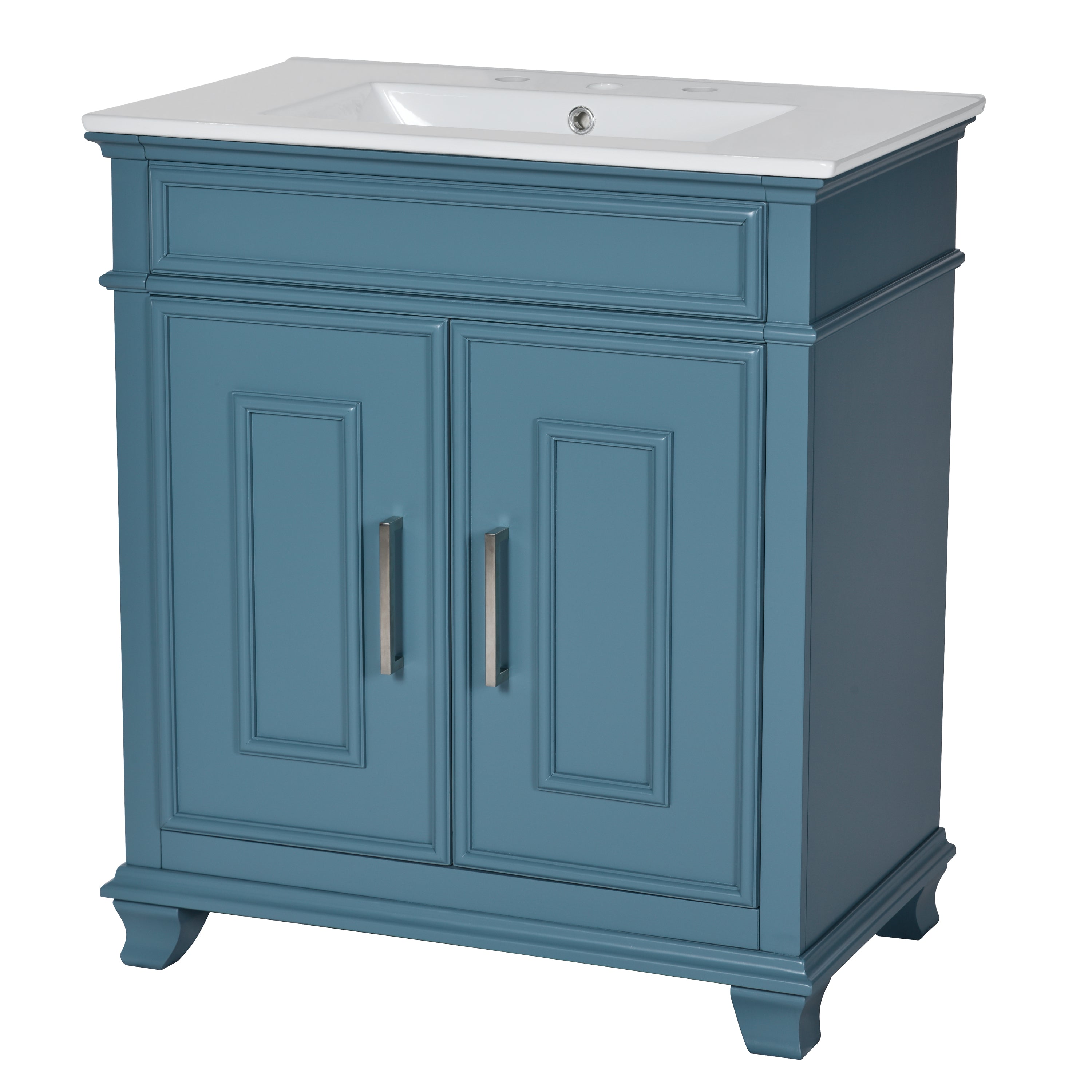 30 Inch Bathroom Vanity with Ceramic Sink, Freestanding Bathroom Vanity Set with Storage Shelf, Storage Cabinet for Bathroom, Solid Wood Frame Bathroom Cabinet, Blue