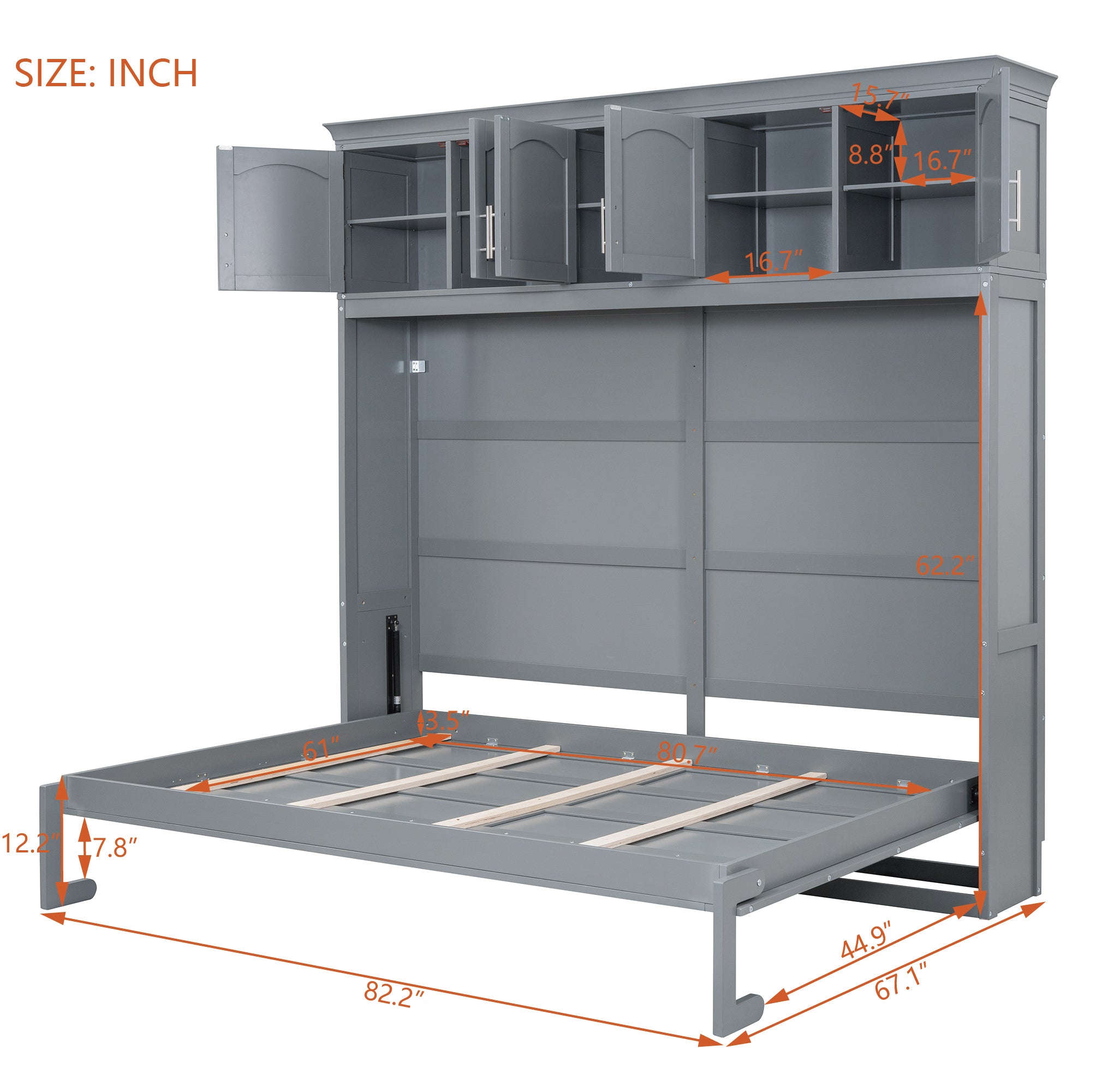 Queen Size Murphy Bed Wall Bed with Top Cabinets,Gray