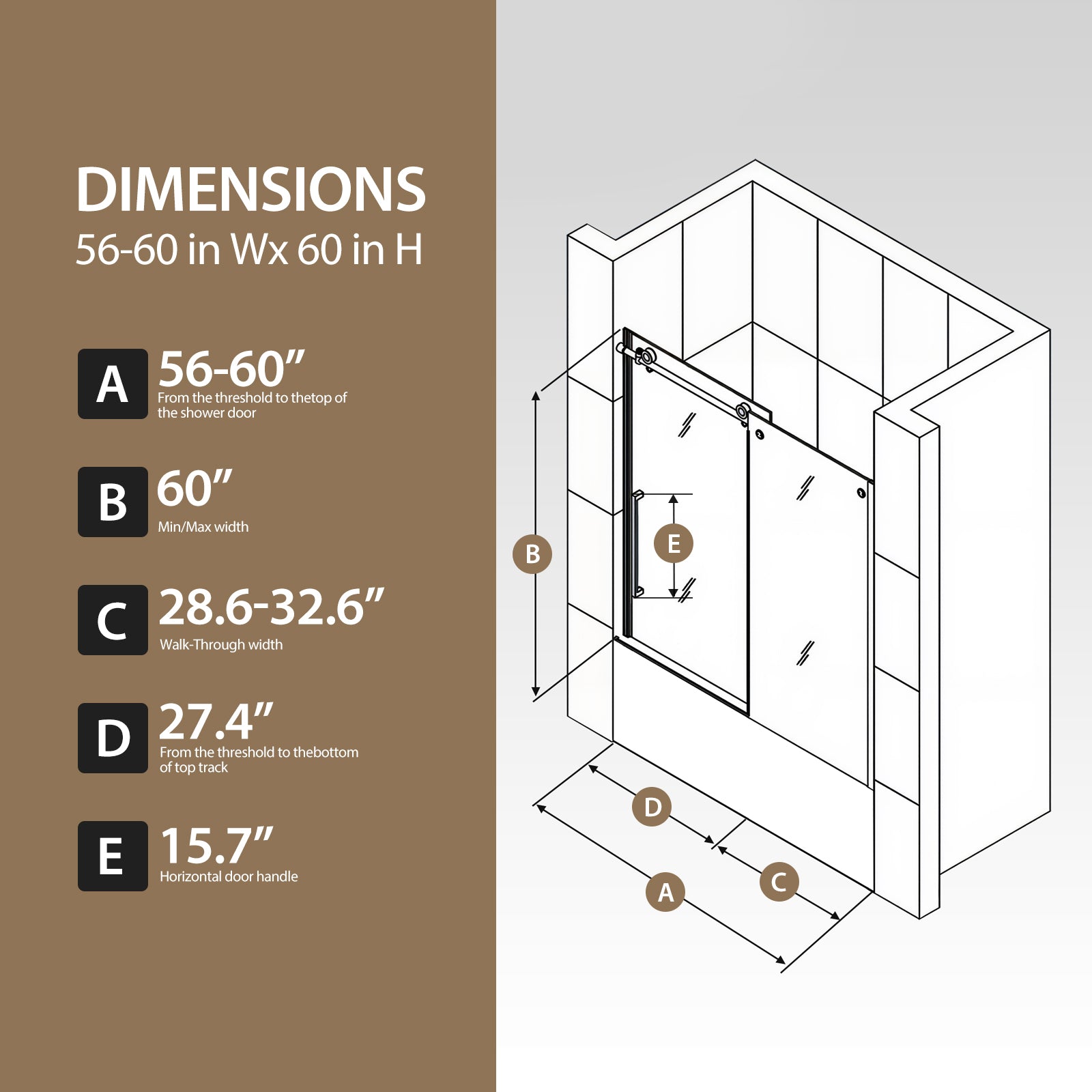 56-60 x 60 in Frameless Single Sliding Bathtub Door - 56-60 x 60 in / Chrome / 5/16 in Glass view 3