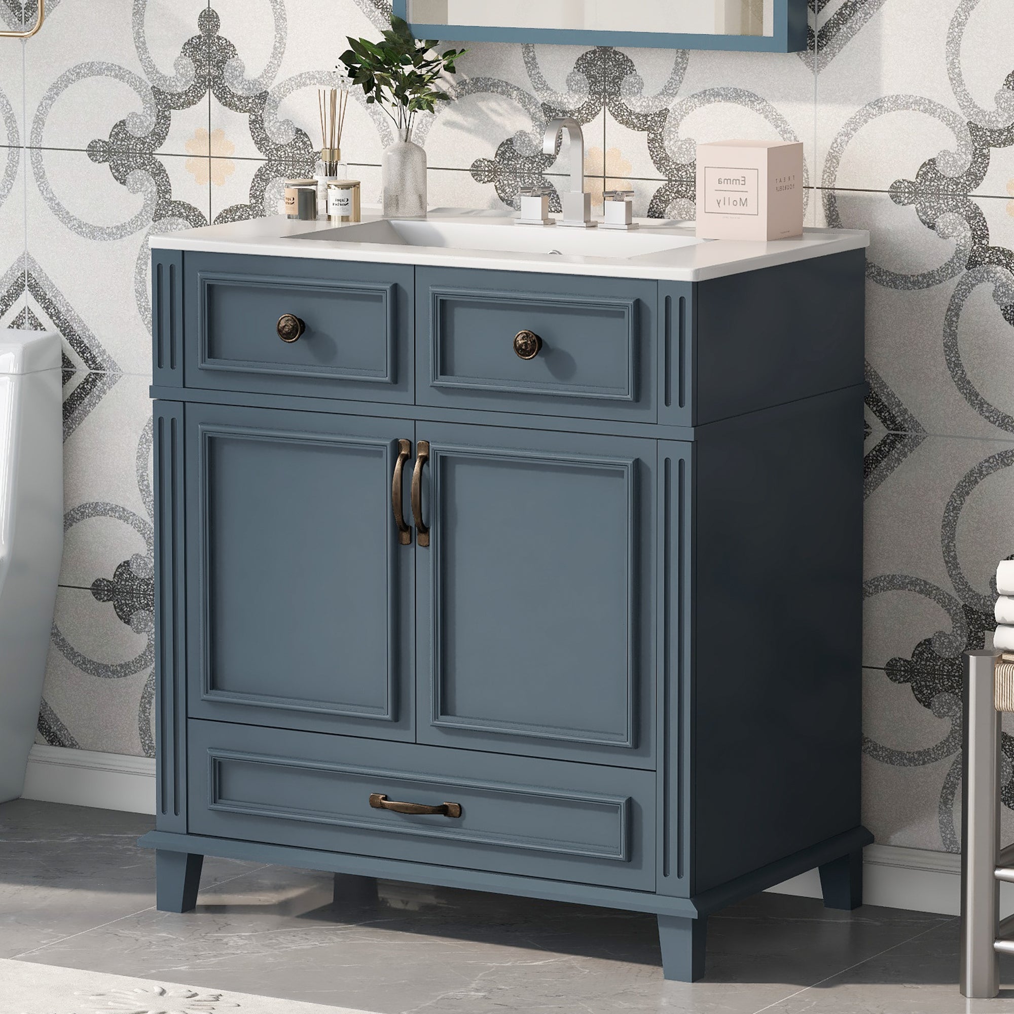 30-inch retro blue bathroom vanity with ceramic sink, front view