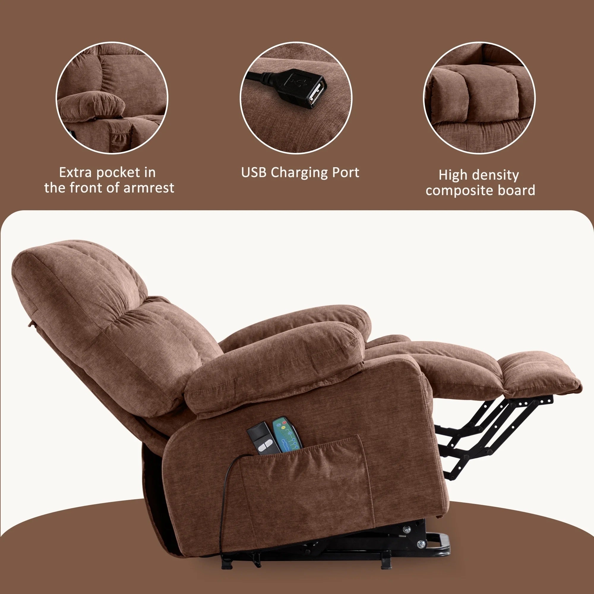 Power Lift Recliner Chair Recliners for Elderly with Heat and Massage Recliner Chair for Living Room with Infinite Position and Side Pocket,USB Charge Port,BROWN