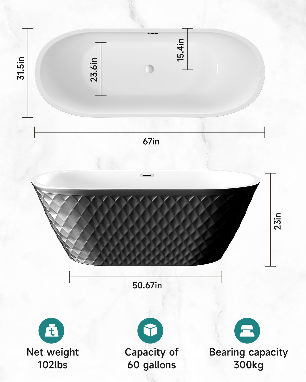 67'' acrylic freestanding bathtub with unique diamond pattern design: spacious oval shape, Black finish, brushed nickel overflow and pop-up drain CUPC Certificate