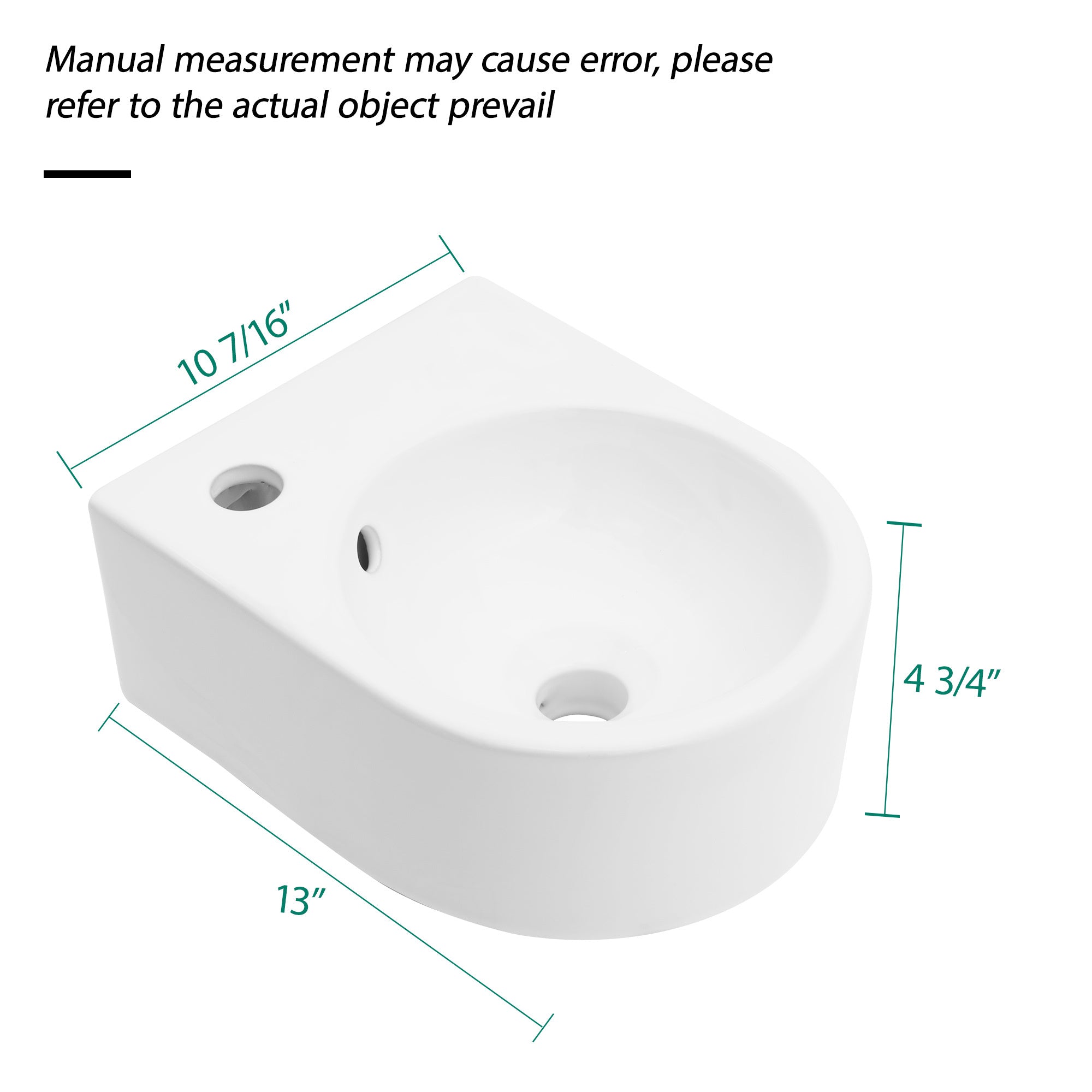 13x10.44 Inch White Ceramic Rectangle Wall Mount Bathroom Sink with Single Faucet Hole