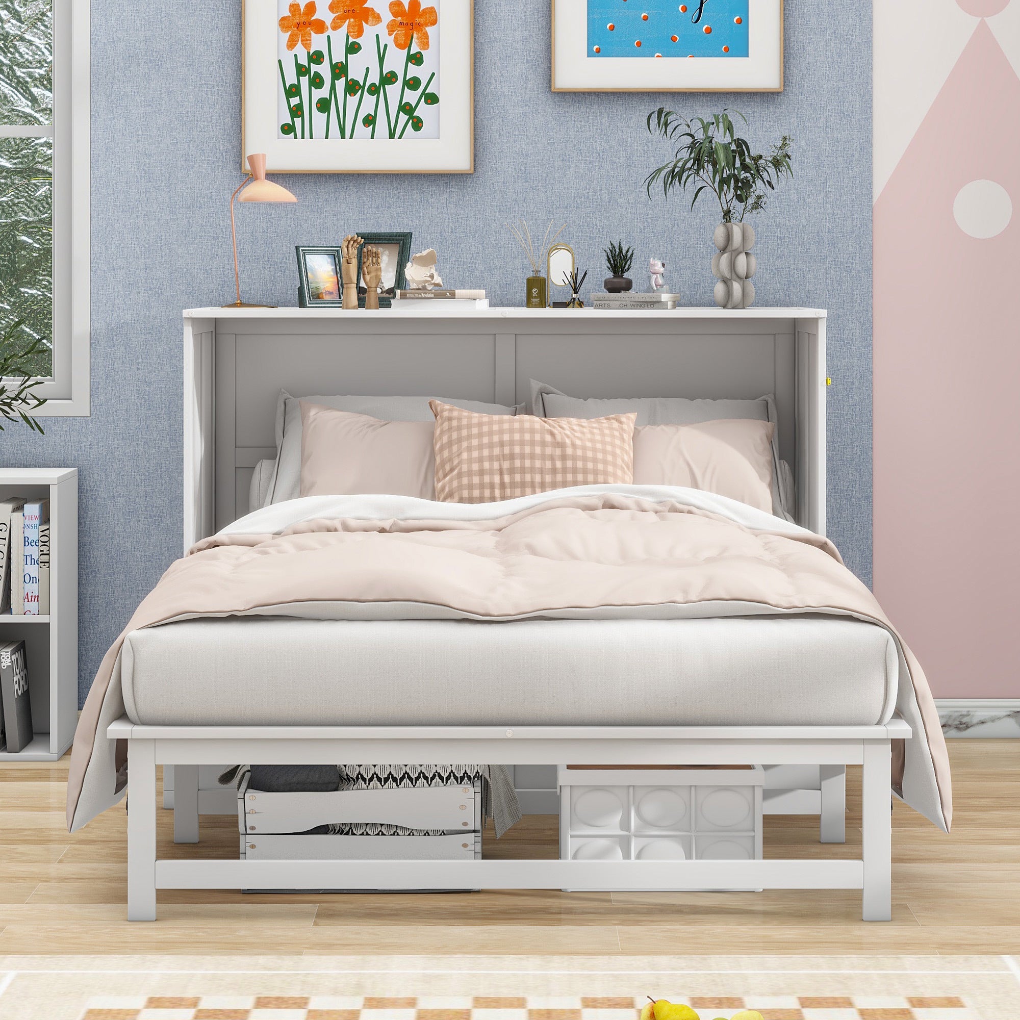 Queen Size Murphy Bed with Built-In Charging Station and a Shelf, White