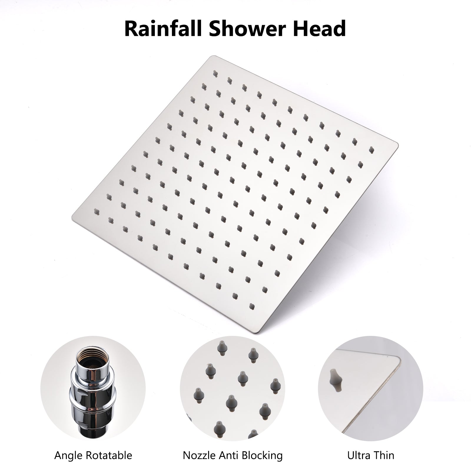 Chrome Shower Head, 10 Inch High Pressure Rainfall Shower Head/Handheld Shower Combo with 11 Inch Extension Arm, 6 Settings Adjustable Anti-leak Shower Head with Holder/Hose, Height/Angle Adjustable