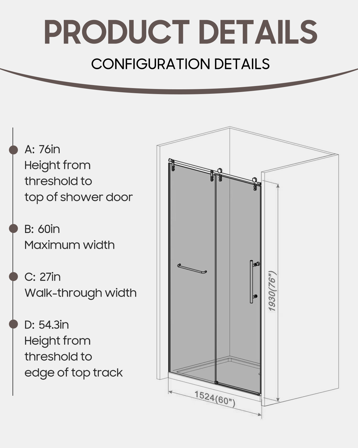 Frameless Shower Doors 60" W x 76"H with 5/16"(8mm) Clear Tempered Glass,  304 Nickel Brushed Stainless Steel Large Roller, Nickel Nrushed Metal Water Bar Left-Right Invertibility