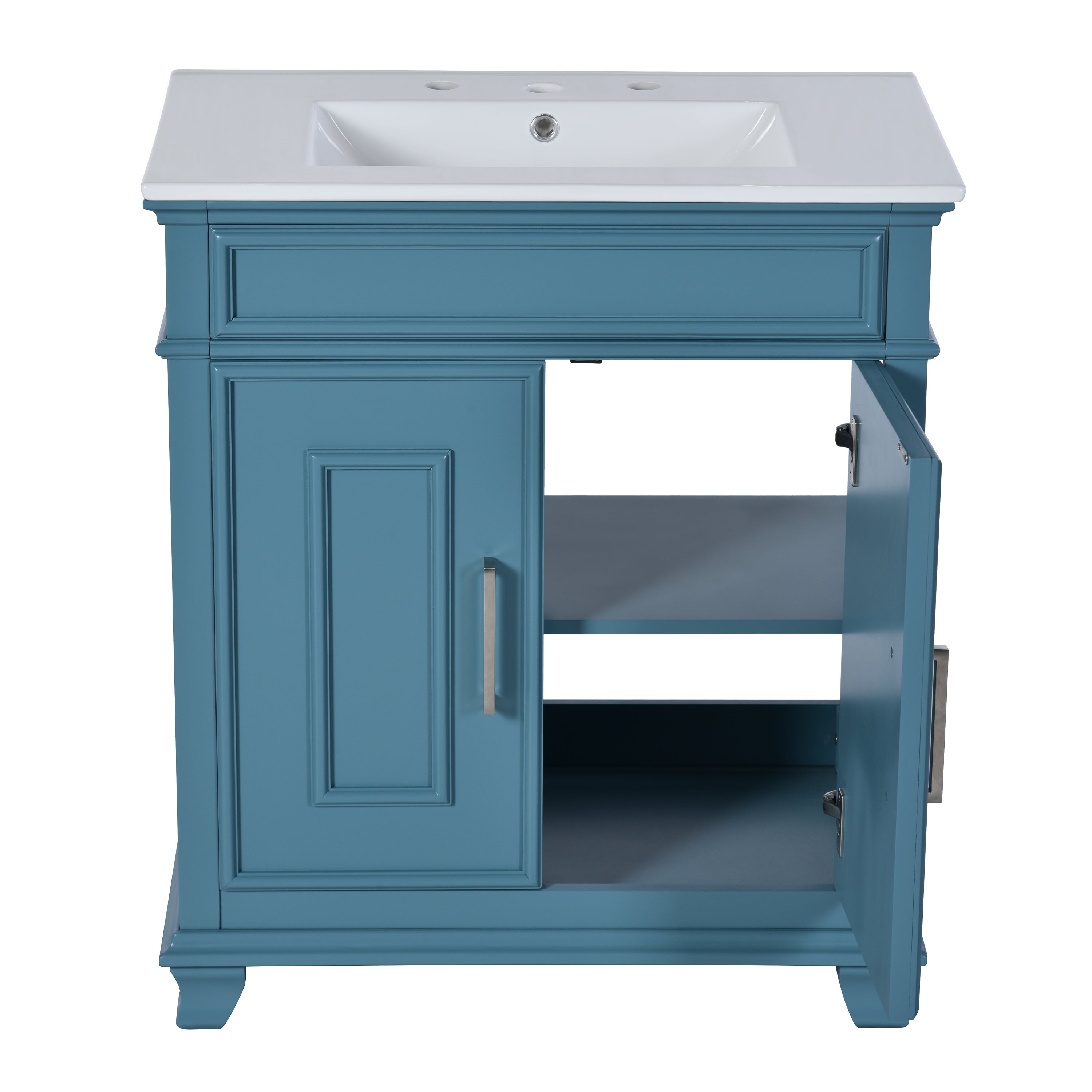 30 Inch Bathroom Vanity with Ceramic Sink, Freestanding Bathroom Vanity Set with Storage Shelf, Storage Cabinet for Bathroom, Solid Wood Frame Bathroom Cabinet, Blue