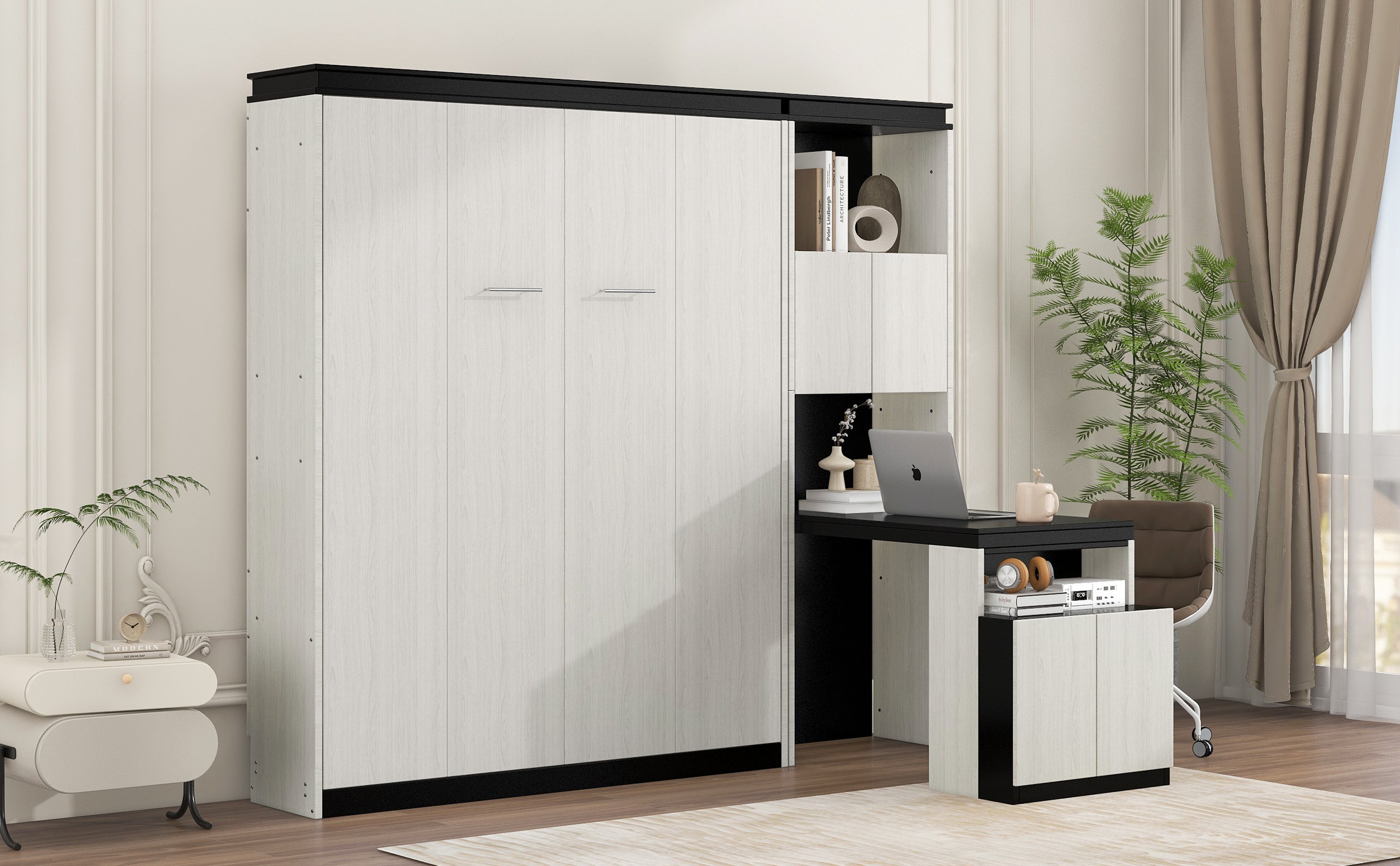 Full Size Murphy Bed with Desk and Storage Shelves and  Cabinets, Black+White