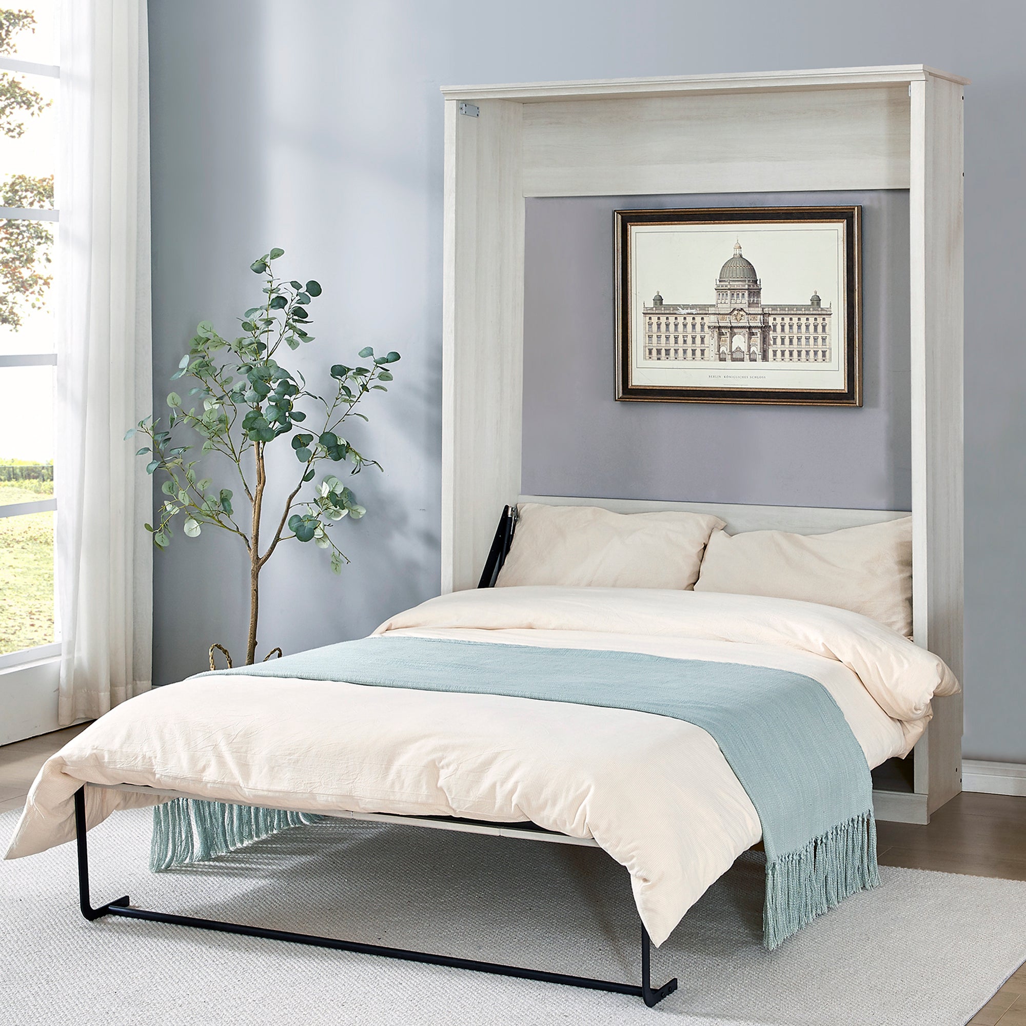 Full Size Half Self-Close and Open Murphy Bed Cabinet Space-Saving Bed  Perfect for Guest Room, for Bed Room, Guest Room, Home Office, Rustic White