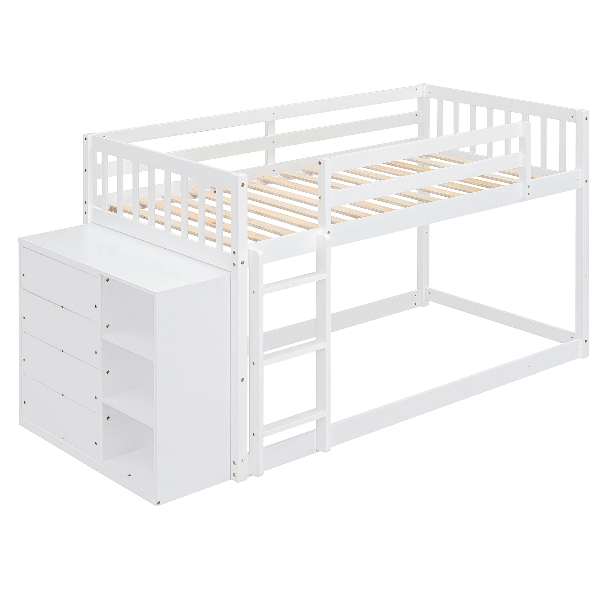 Twin over Twin Bunk Bed with 4 Drawers and 3 Shelves-White