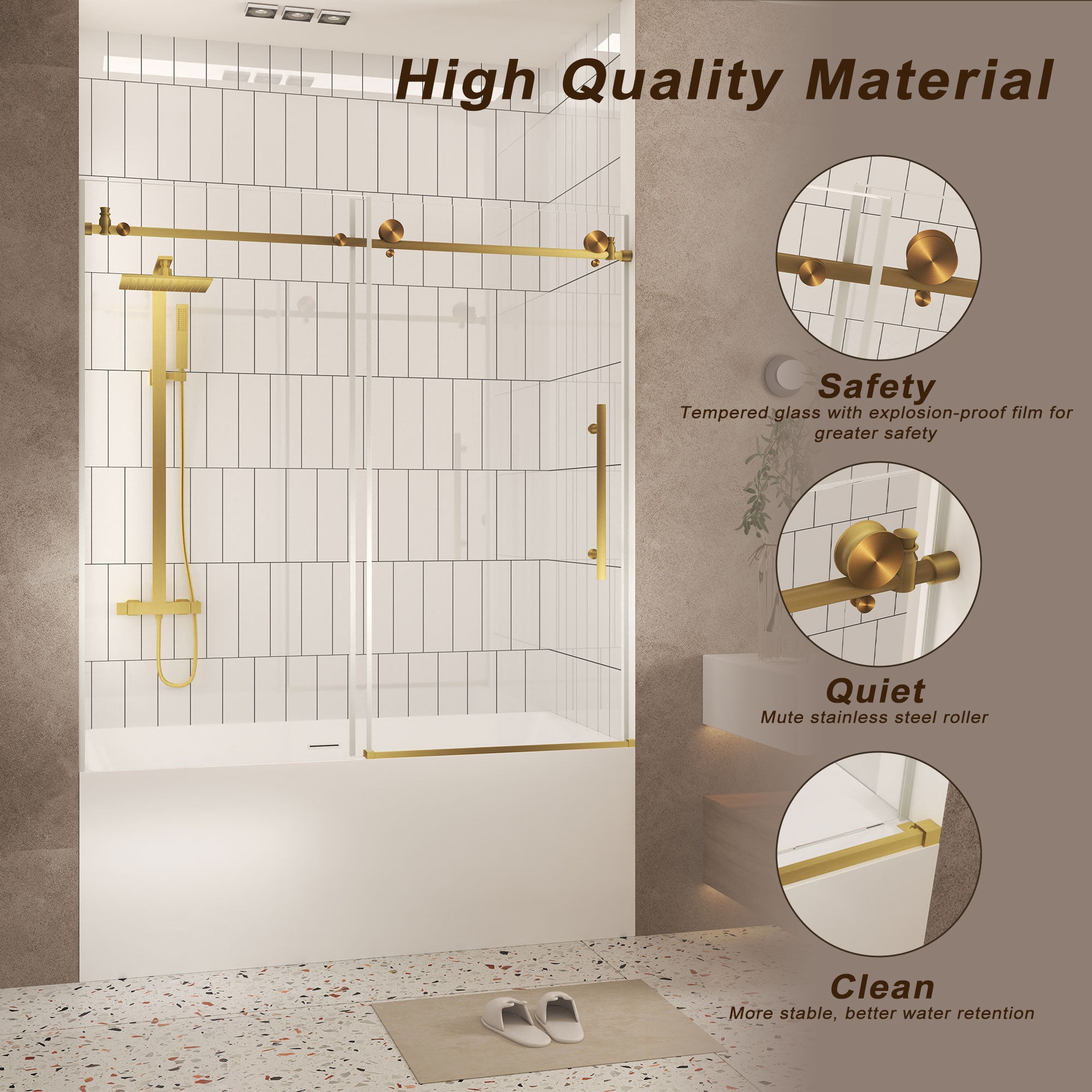 Frameless shower door 56-60 inch brushed gold installed view