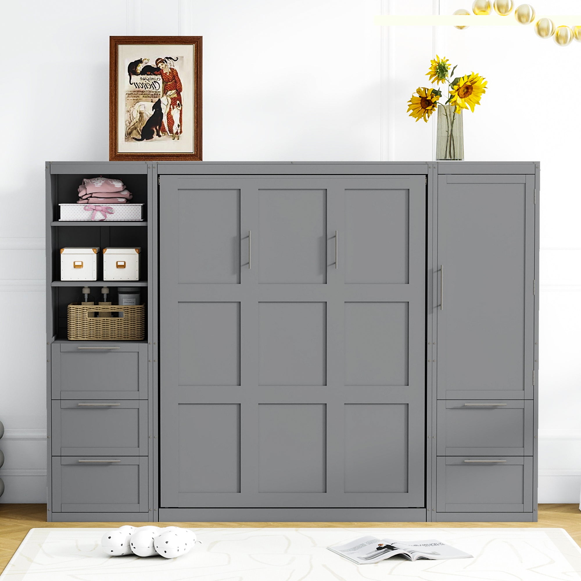 Queen Size Murphy Bed Wall Bed with Closet ,Drawers and Shelves,Gray