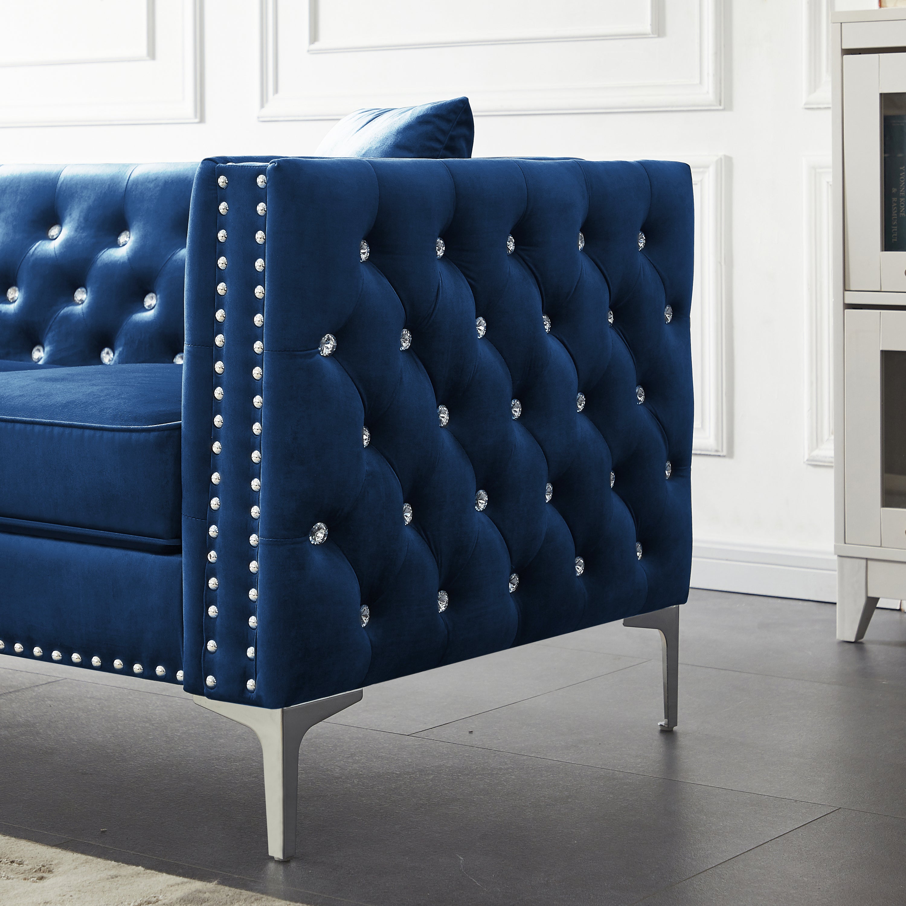 82.3" Width Modern Velvet Sofa Jeweled Buttons Tufted Square Arm Couch Blue,2 Pillows Included