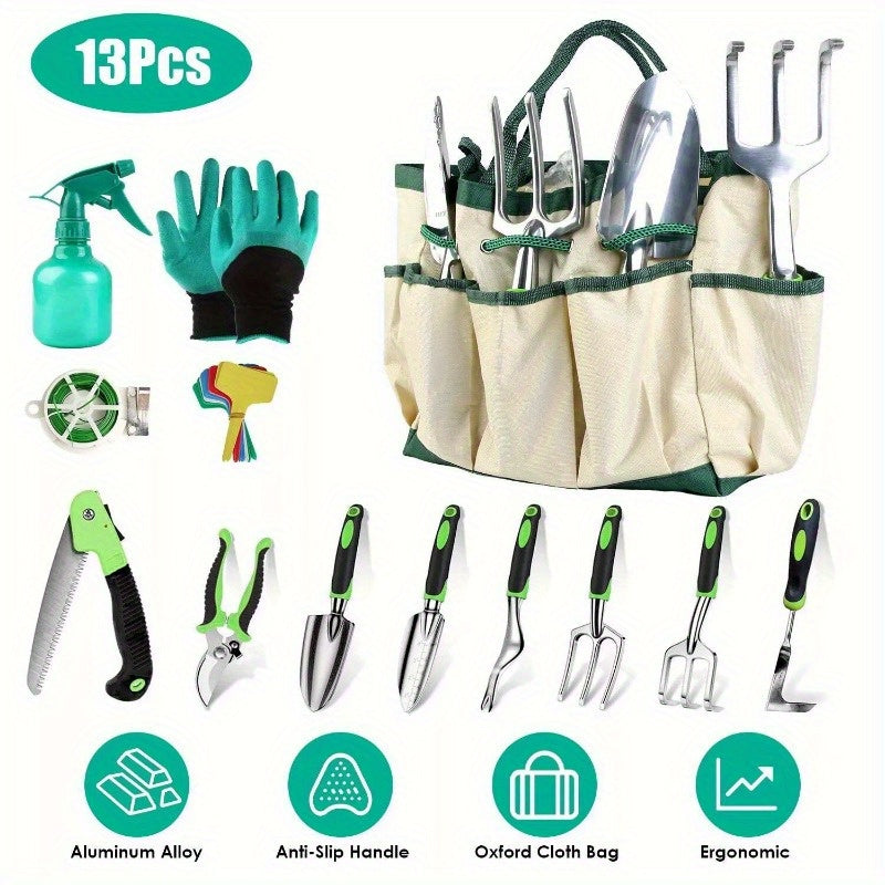 13 Piece Garden Tool Set, Heavy Duty Aluminum Gardening Hand Tool Kit with Storage Bag