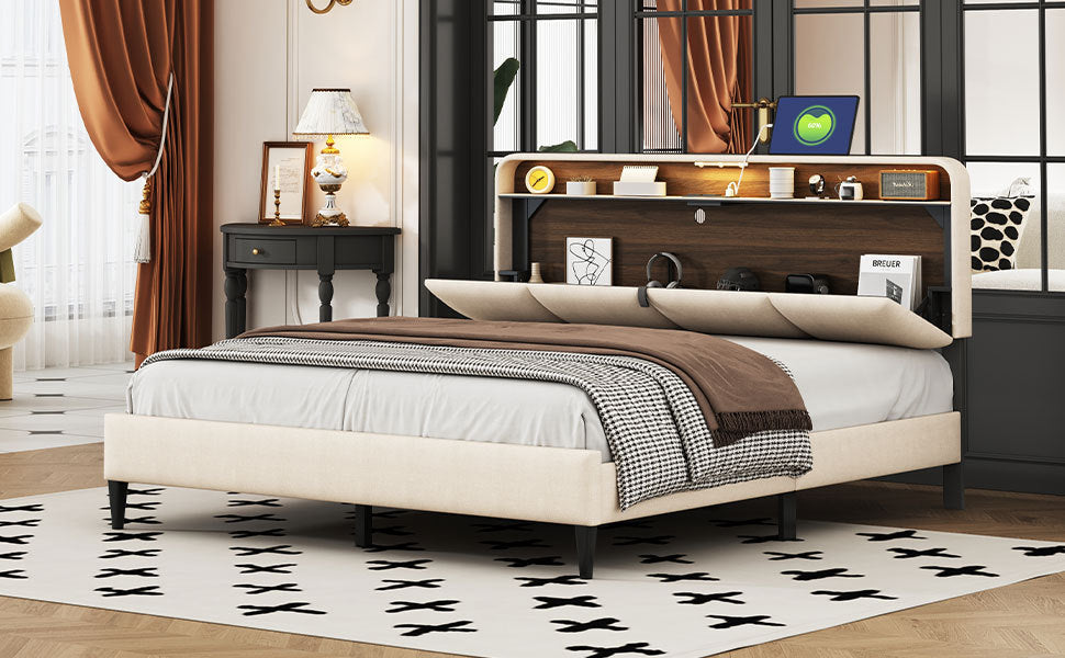 Queen size Upholstered Platform Bed with Storage Headboard, Sensor Light and a set of Sockets and USB Ports, Linen Fabric, Beige