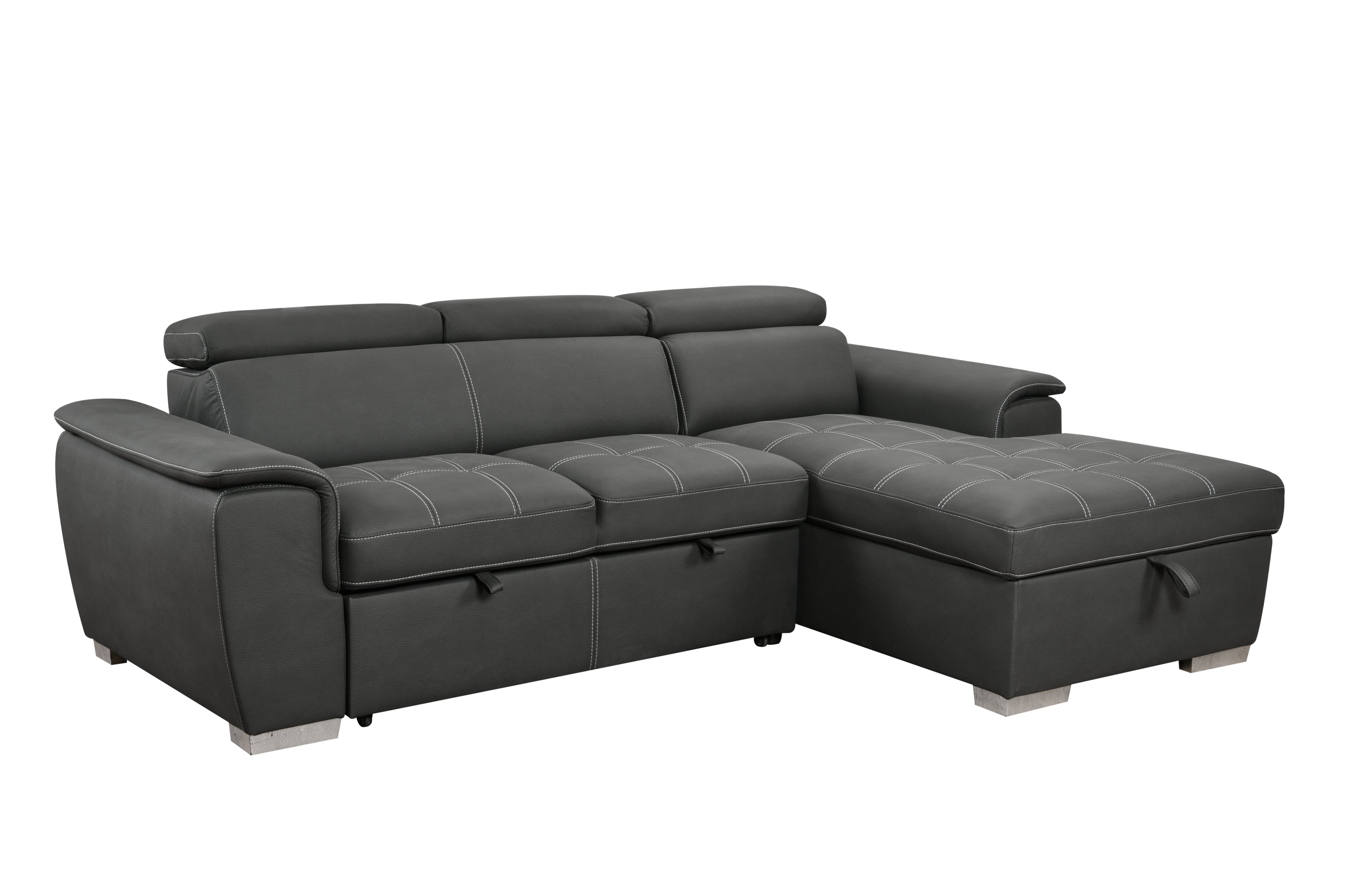 97 inch Convertible Sectional Sofa with Storage Chaise, Adjustable Headrests, Contemporary L-shaped Sleeper Corner Sectional Sofa with a Pull-Out Bed ,Gray