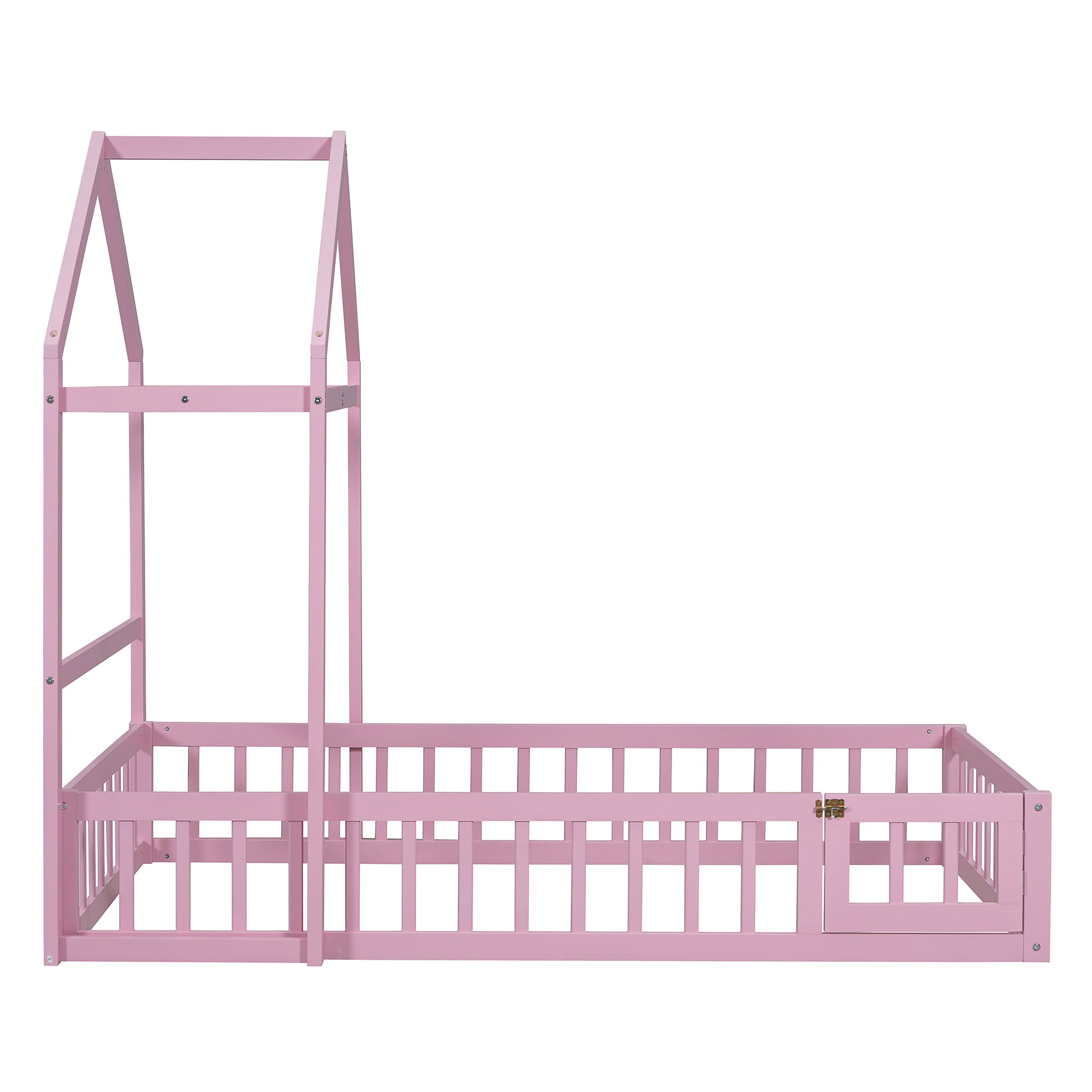 Wooden Floor Bed with Fence Railings and Detachable House Shape Headboard, Twin Size Bed with Kids Dress Up Rack, Kids Montessori Style Playhouse Frame for Girls Boys, Pink