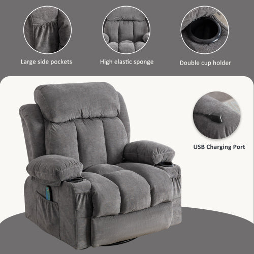 Vanbow.Swinging recliner massage heated sofa, with USB and 2 cup holders in side pockets, Package A and B (gray velvet)