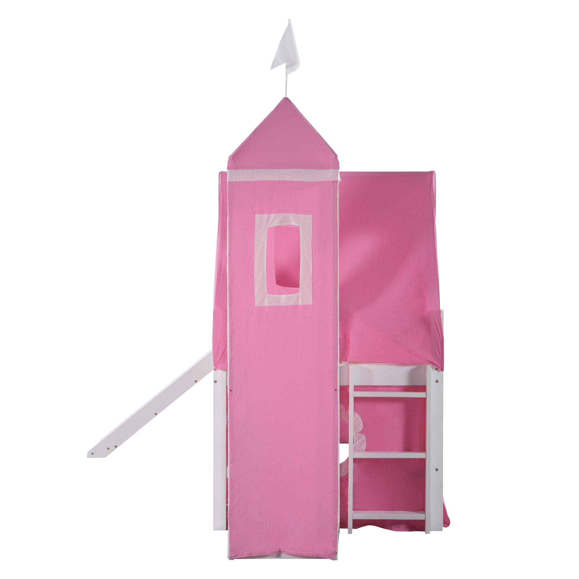 Twin Size Loft Bed with Slide Pink Tent and Tower - Pink