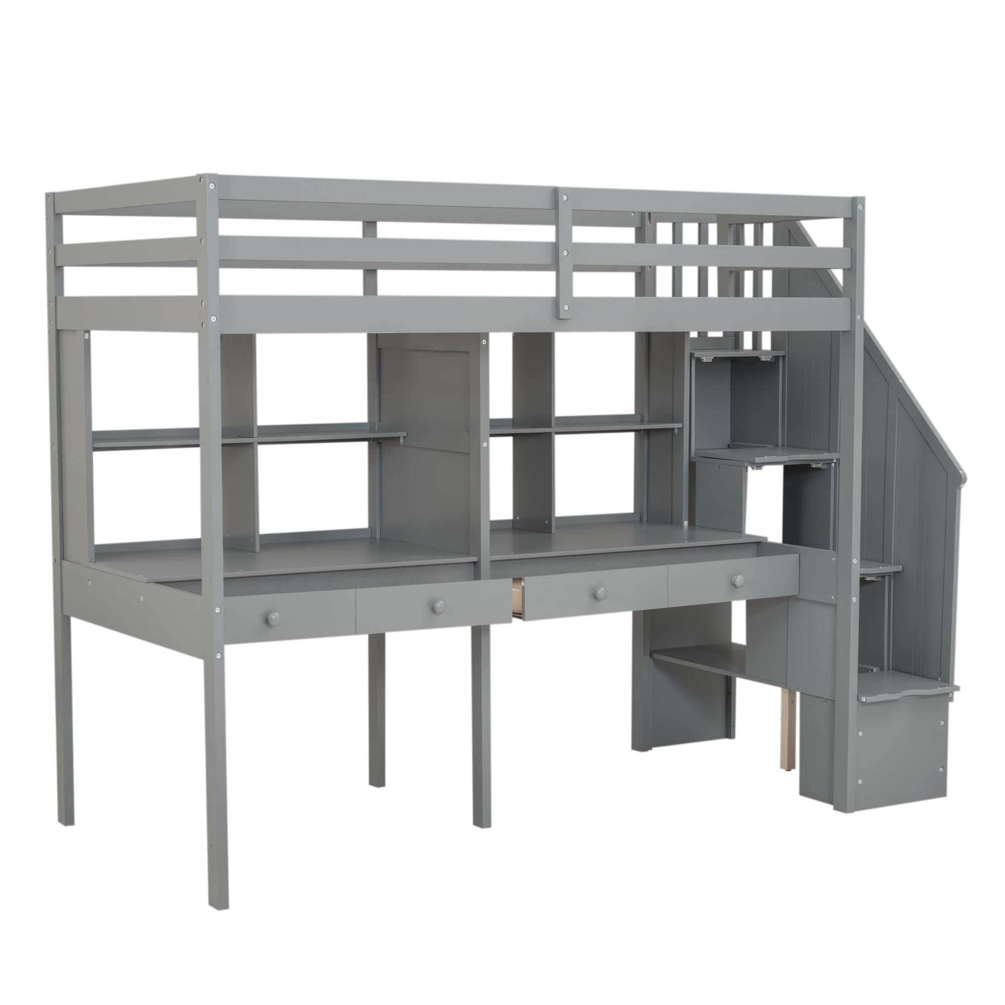 Twin Size Loft Bed Frame with Storage Staircase and Double Desks and Shelves,Gray