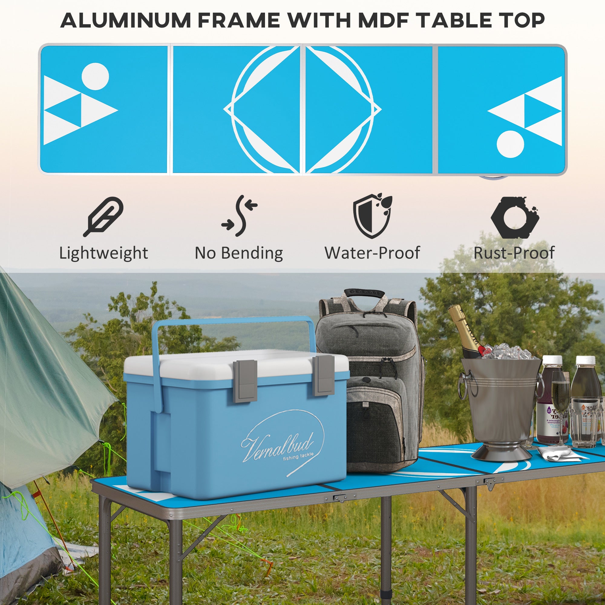 Outsunny 8ft Portable Beer Pong Table with Adjustable Legs, Folding Camping Table, Aluminum Picnic Table, for Party, Travel, BBQ, Beach, Blue and White