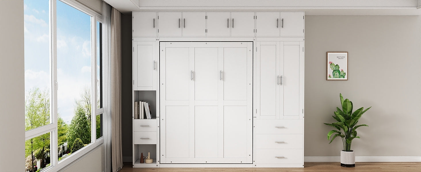 Full Size Murphy Bed with Lockers and Wardrobes, With installation video, White